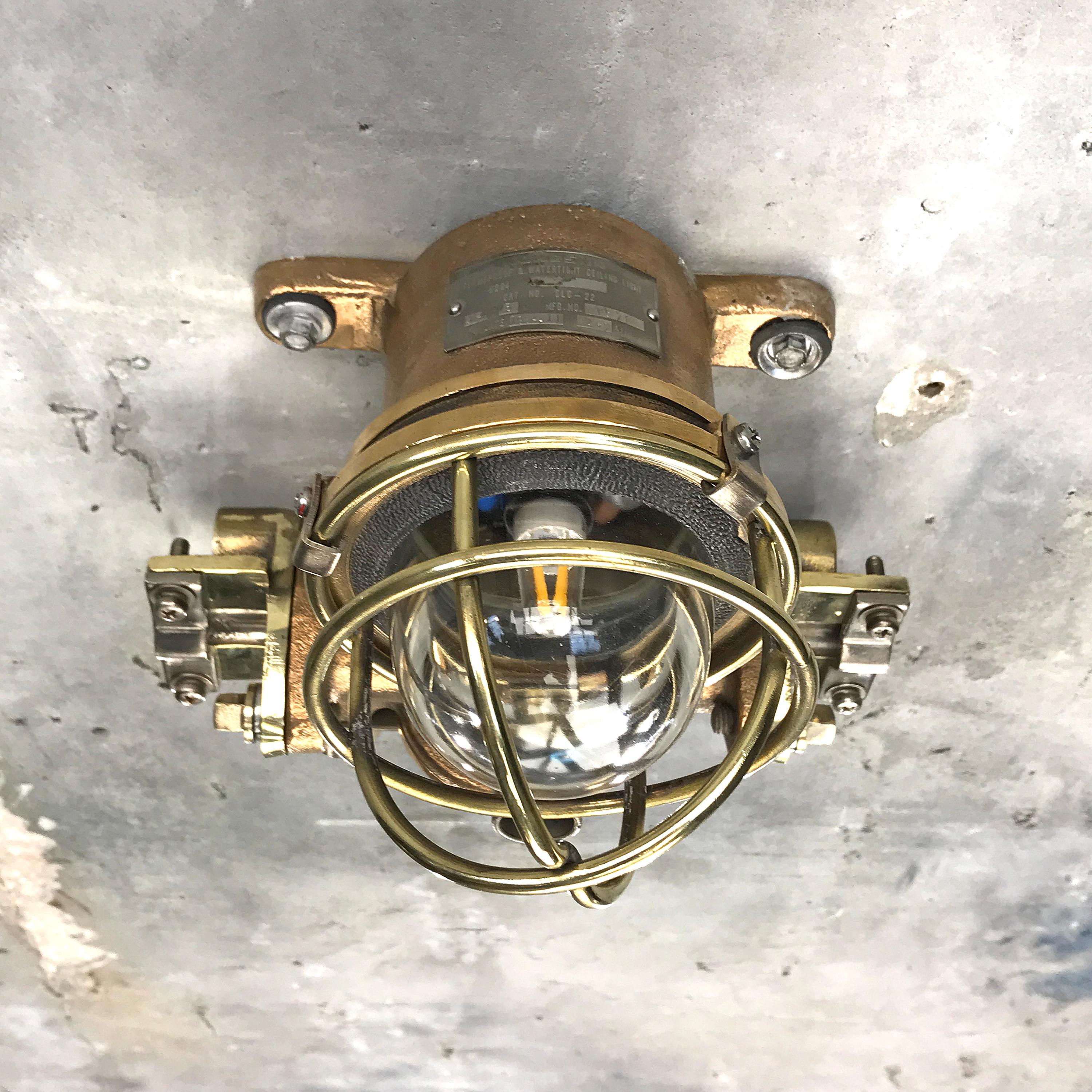 1980s Cast Bronze Flame Proof Water Tight Wall Light, Glass Dome Brass Cage E12 For Sale 11