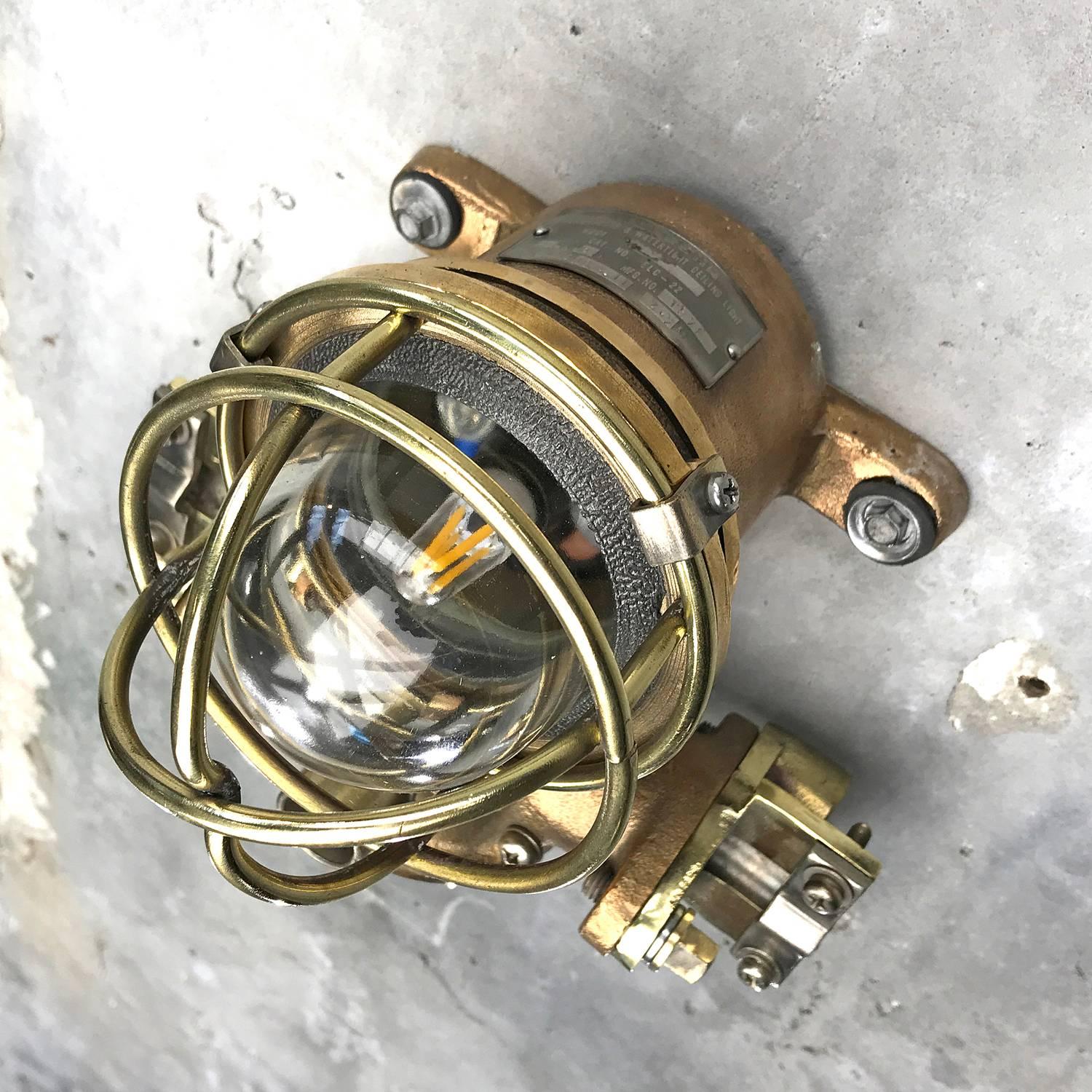 1980s Cast Bronze Flame Proof Water Tight Wall Light, Glass Dome Brass Cage E12 12