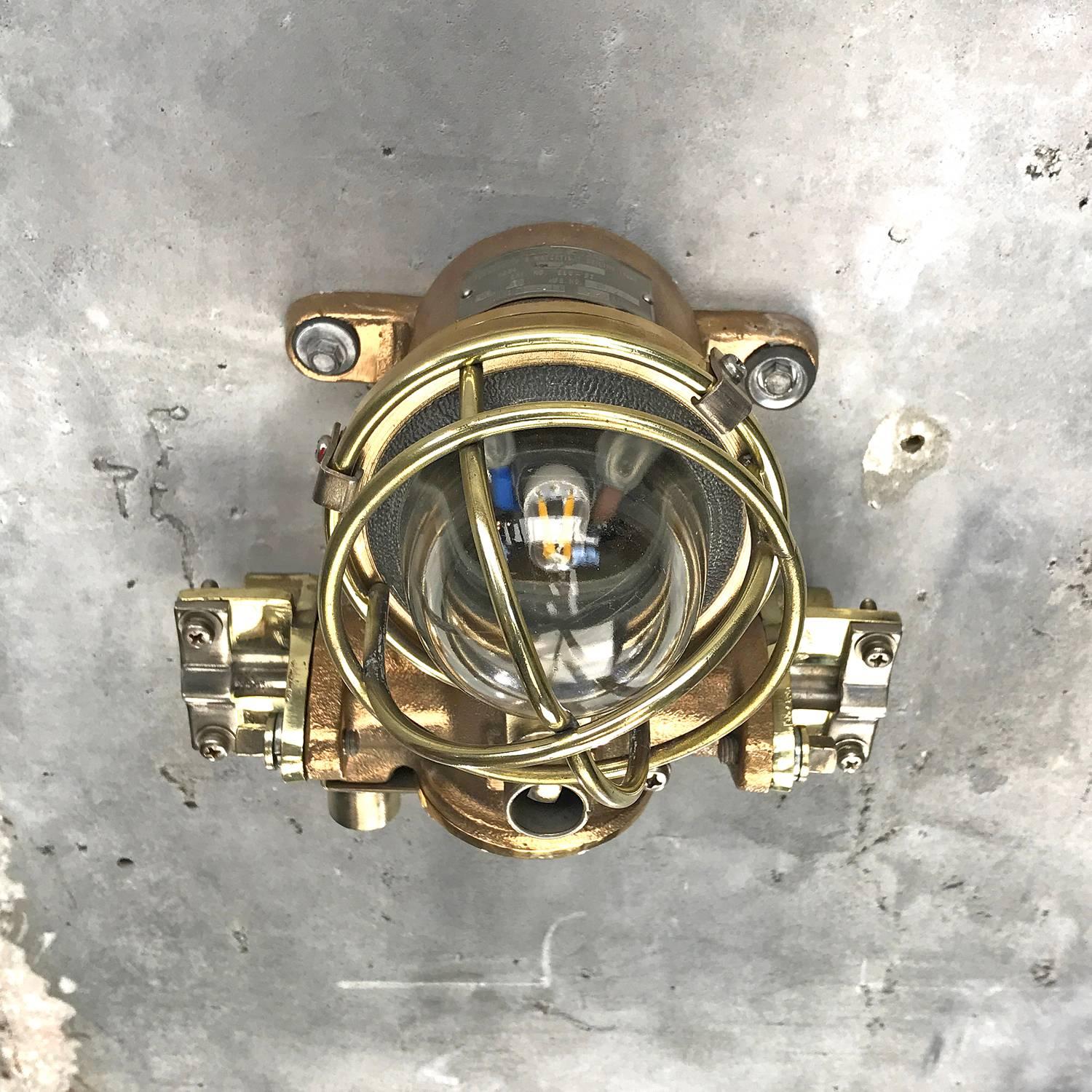 1980s Cast Bronze Flame Proof Water Tight Wall Light, Glass Dome Brass Cage E12 14