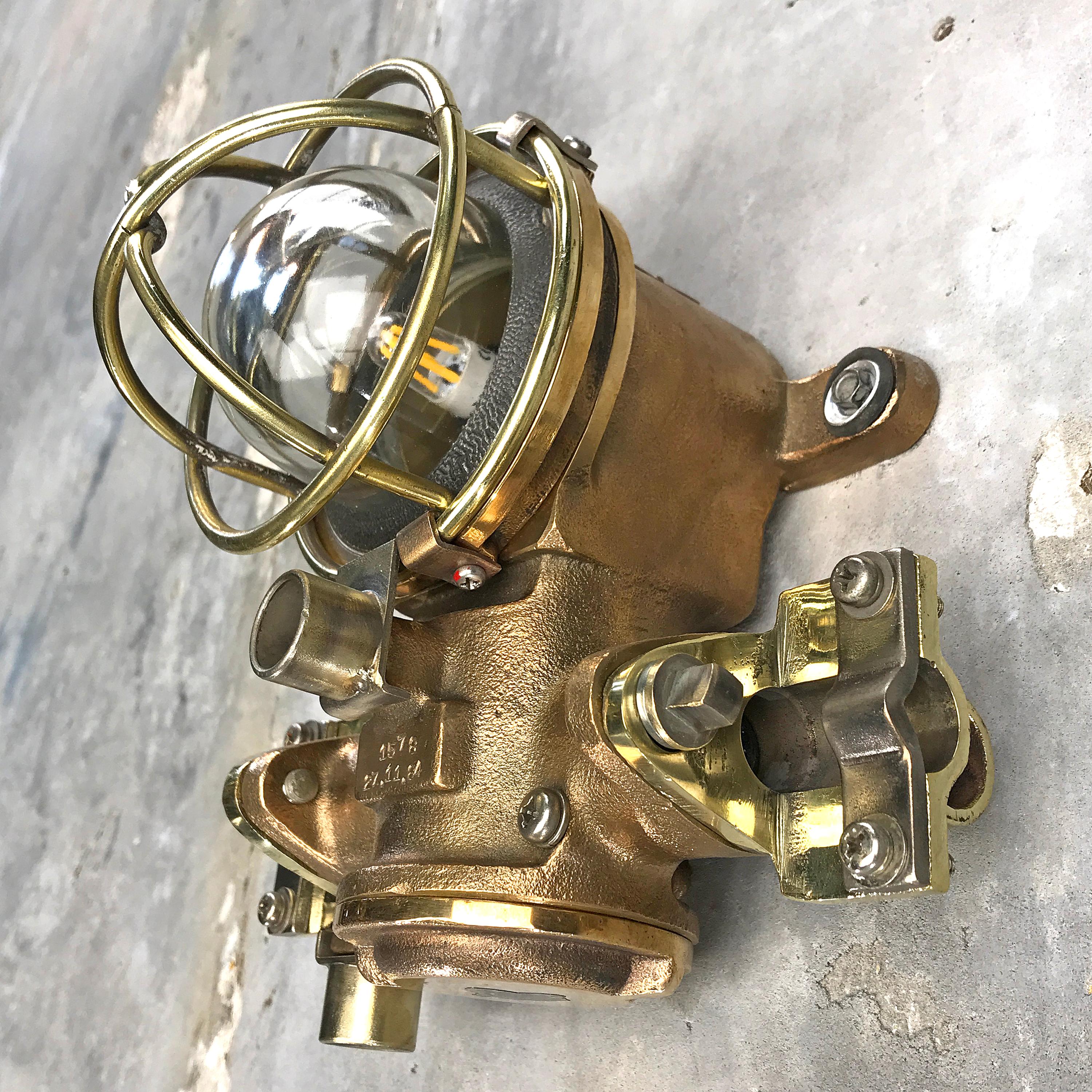 Japanese 1980s Cast Bronze Flame Proof Water Tight Wall Light, Glass Dome Brass Cage E12 For Sale