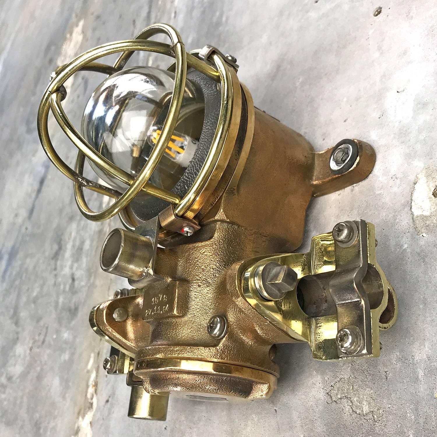 1980s Cast Bronze Flame Proof Water Tight Wall Light, Glass Dome Brass Cage E12 In Excellent Condition In Leicester, Leicestershire