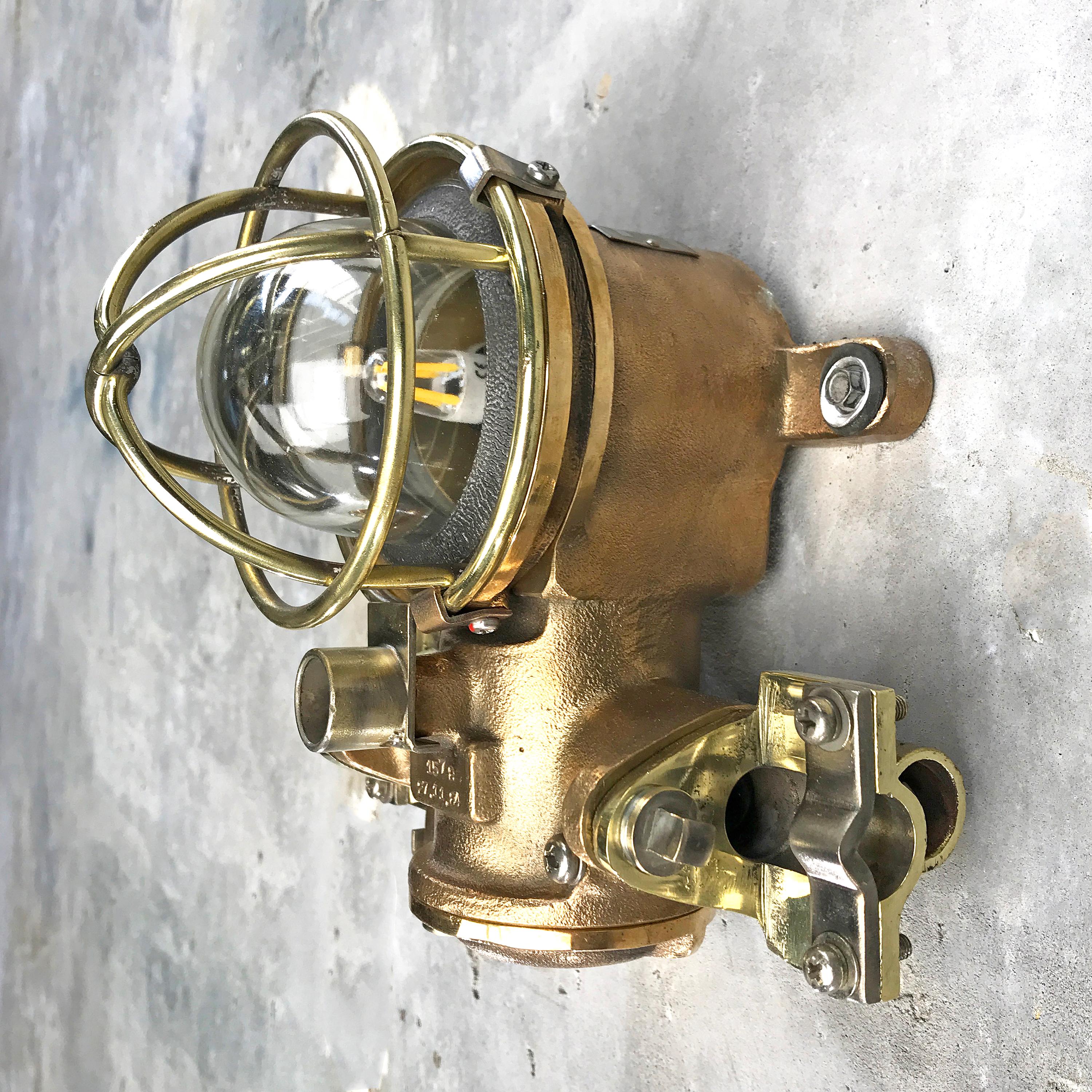 1980s Cast Bronze Flame Proof Water Tight Wall Light, Glass Dome Brass Cage E12 In Excellent Condition For Sale In Leicester, Leicestershire