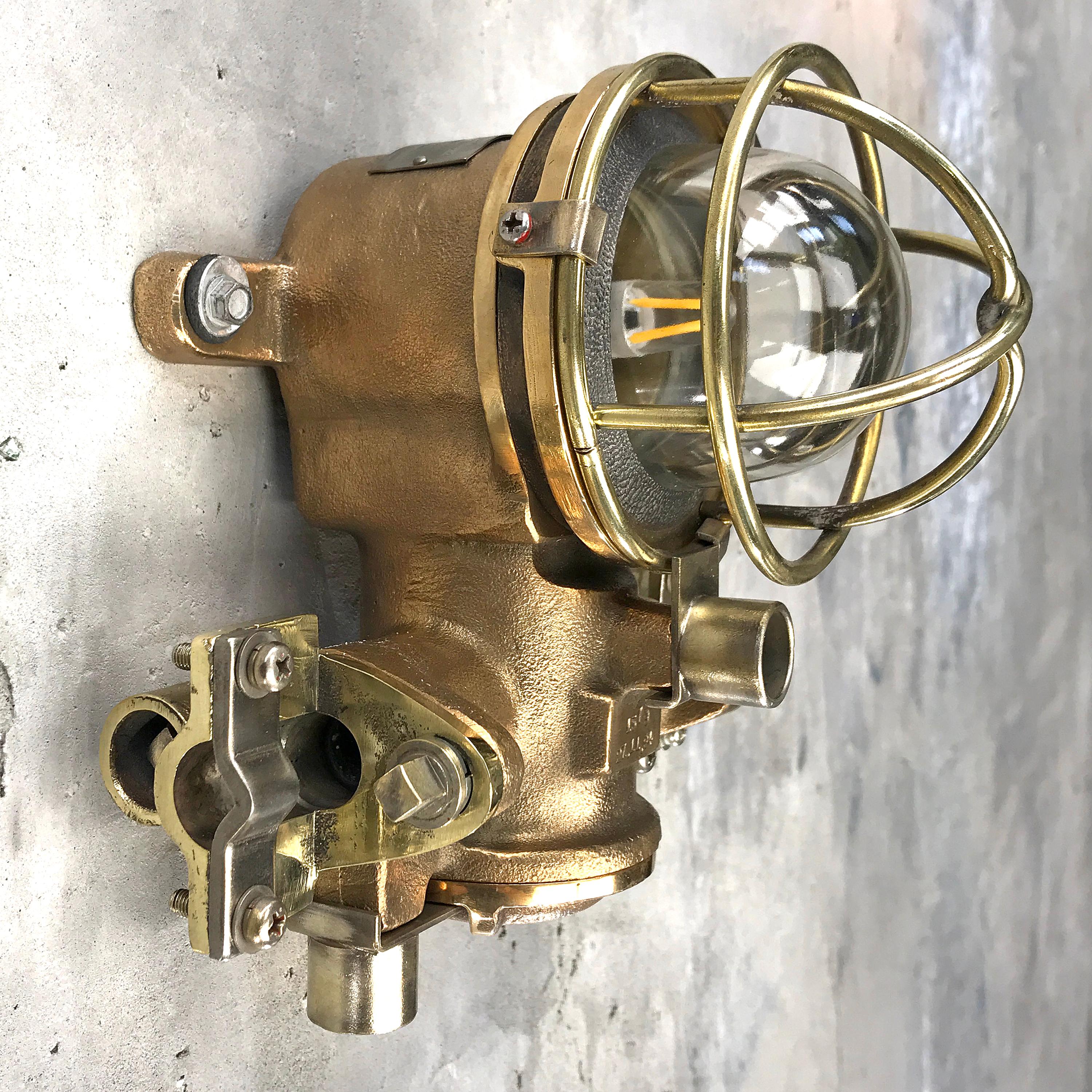 Late 20th Century 1980s Cast Bronze Flame Proof Water Tight Wall Light, Glass Dome Brass Cage E12 For Sale