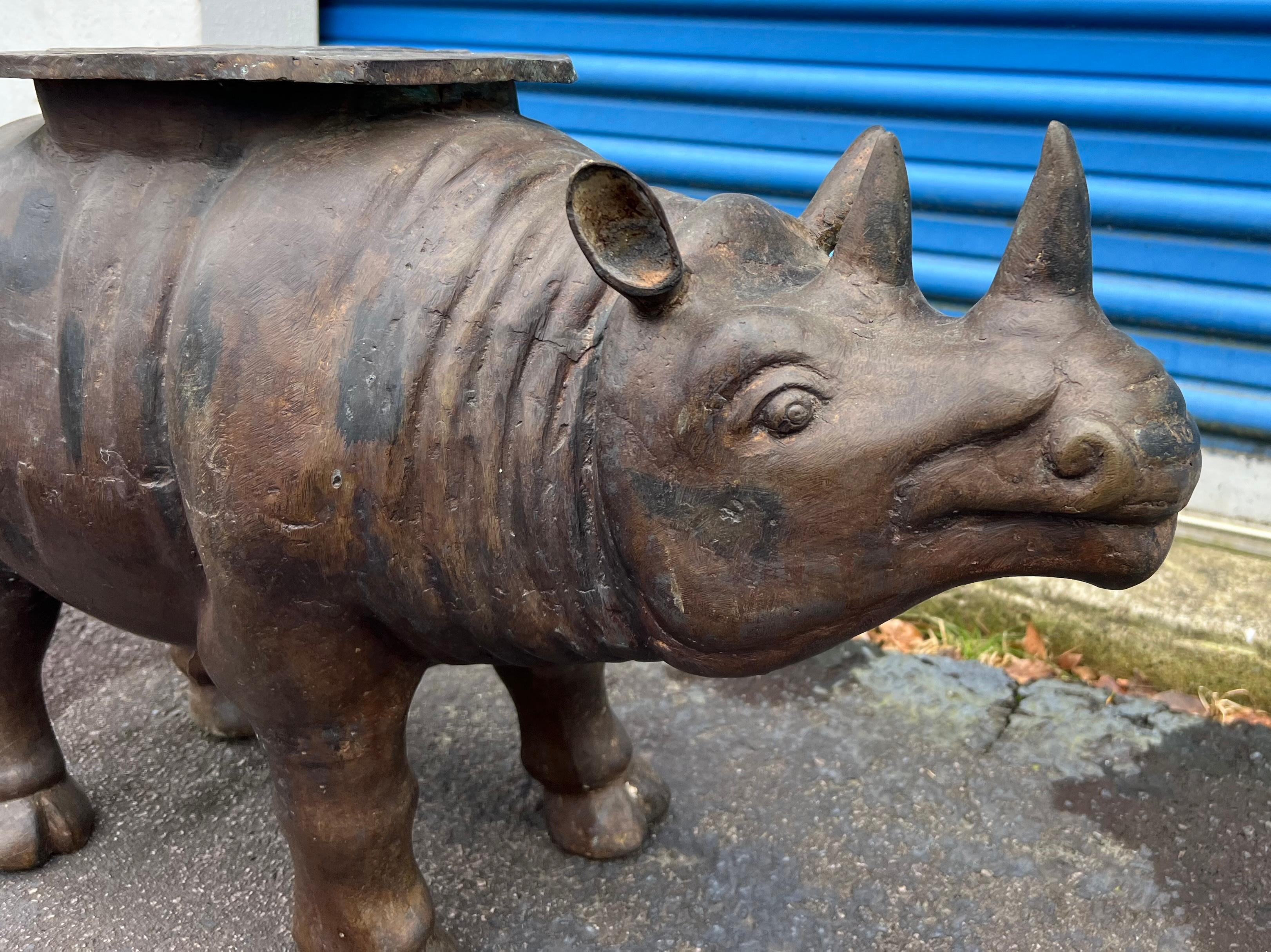 Chinese Export 1980s Cast Bronze Rhinoceros Garden Seat / Side Table Att. Maitland-Smith