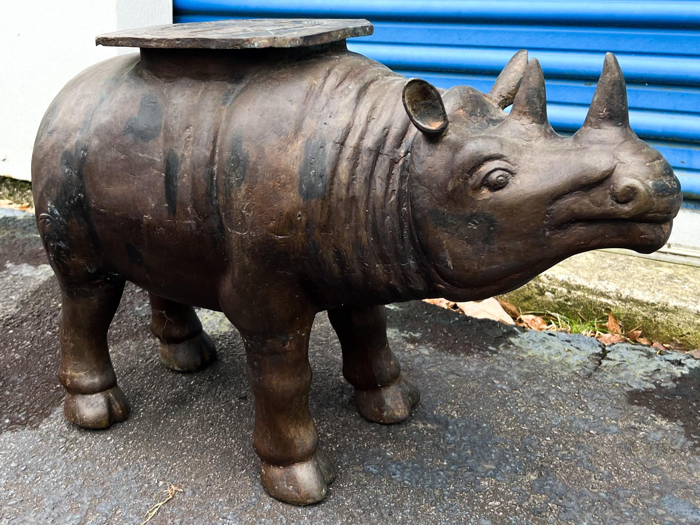 Philippine 1980s Cast Bronze Rhinoceros Garden Seat / Side Table Att. Maitland-Smith