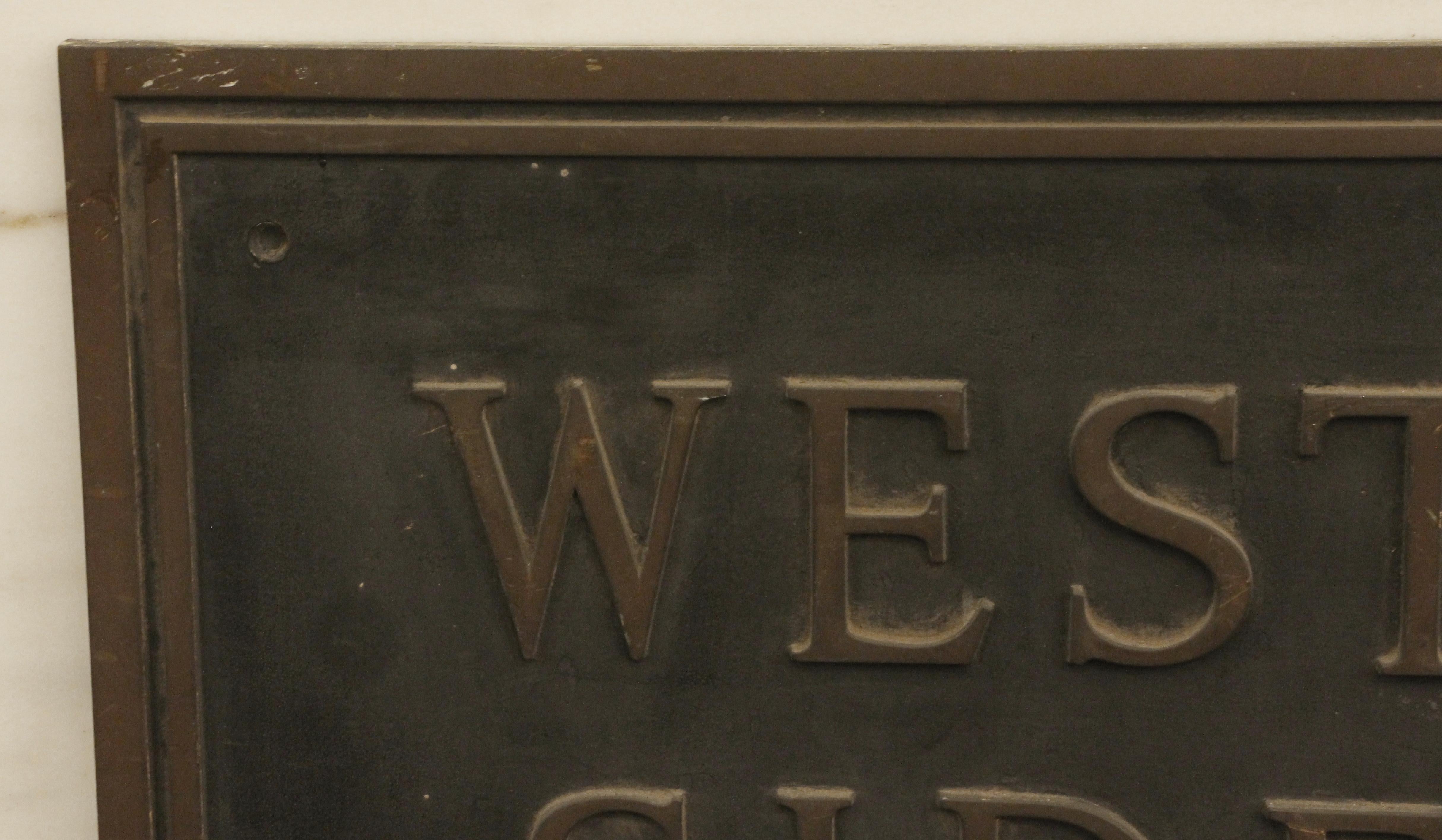 West Side Bank sign made of cast bronze with a black and antique bronze finish. from the 1980s. This can be seen at our 302 Bowery location in NoHo in Manhattan.