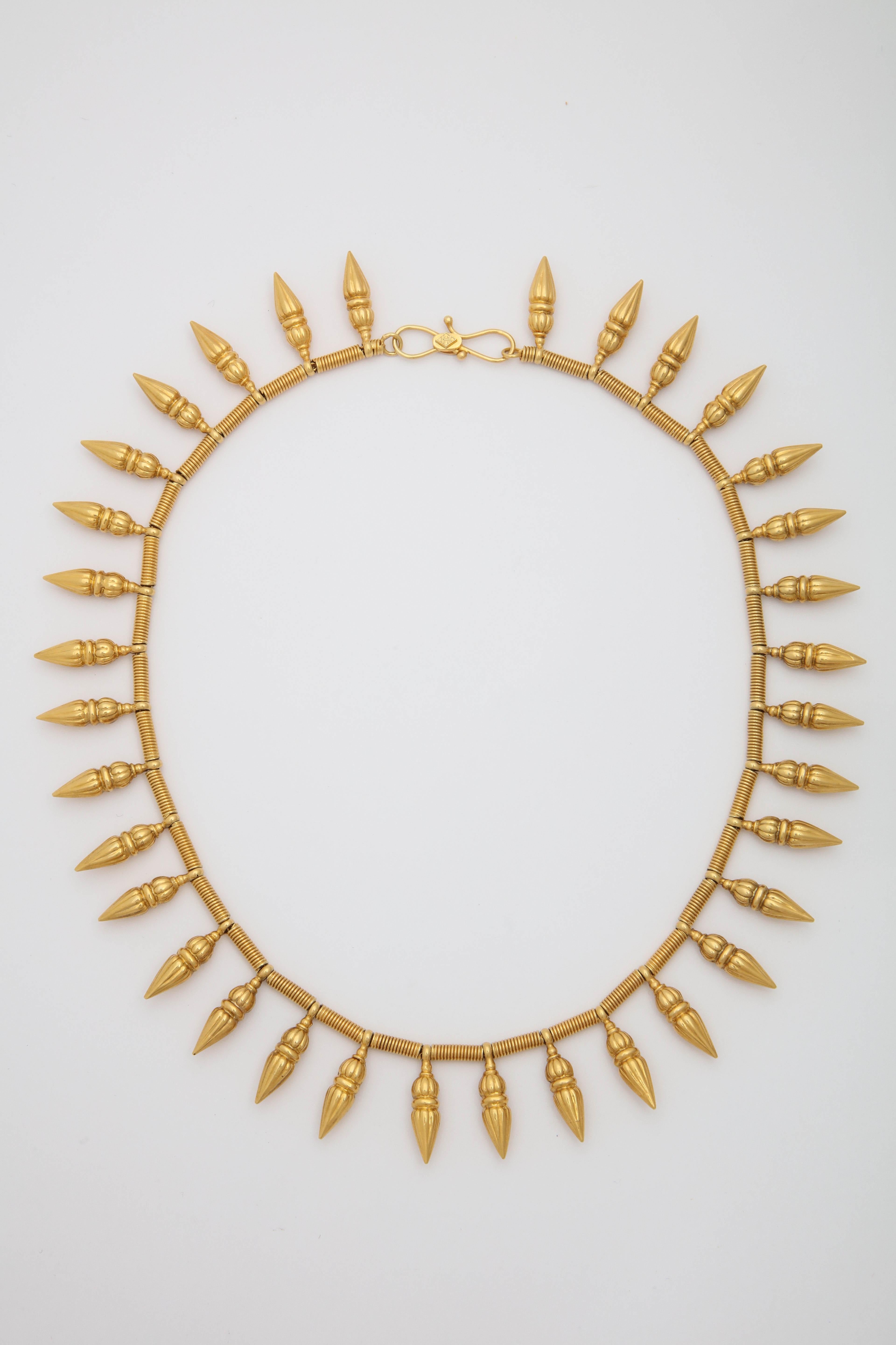 One Ladies 18kt Yellow Gold Cleopatra Style Necklace{ NOTE: } This Piece Tests To Be A Higher Karat Then 18kt Gold And Has A Very Rich Buttery Color Gold. Beautifully Made With Multiple Acorn Style Pattern Pendants To Illuminate A Beautiful Fringe