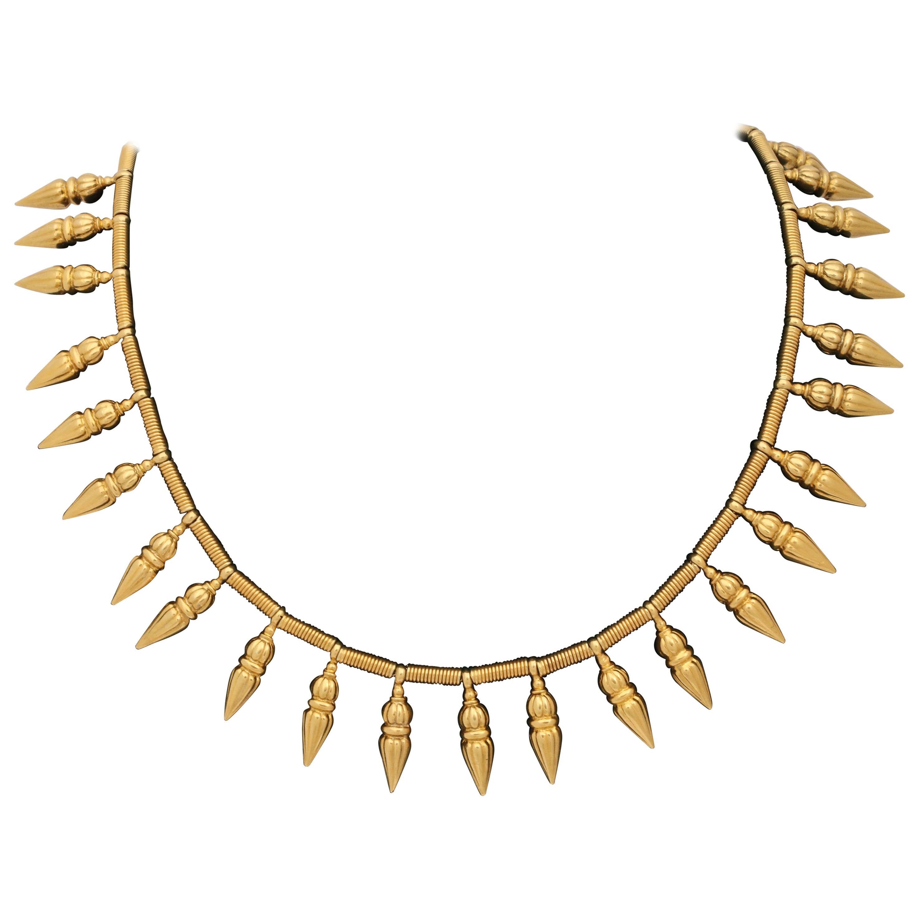 1980s Castellani Cleopatra Style Fringe Pendants High Karat Gold Necklace For Sale