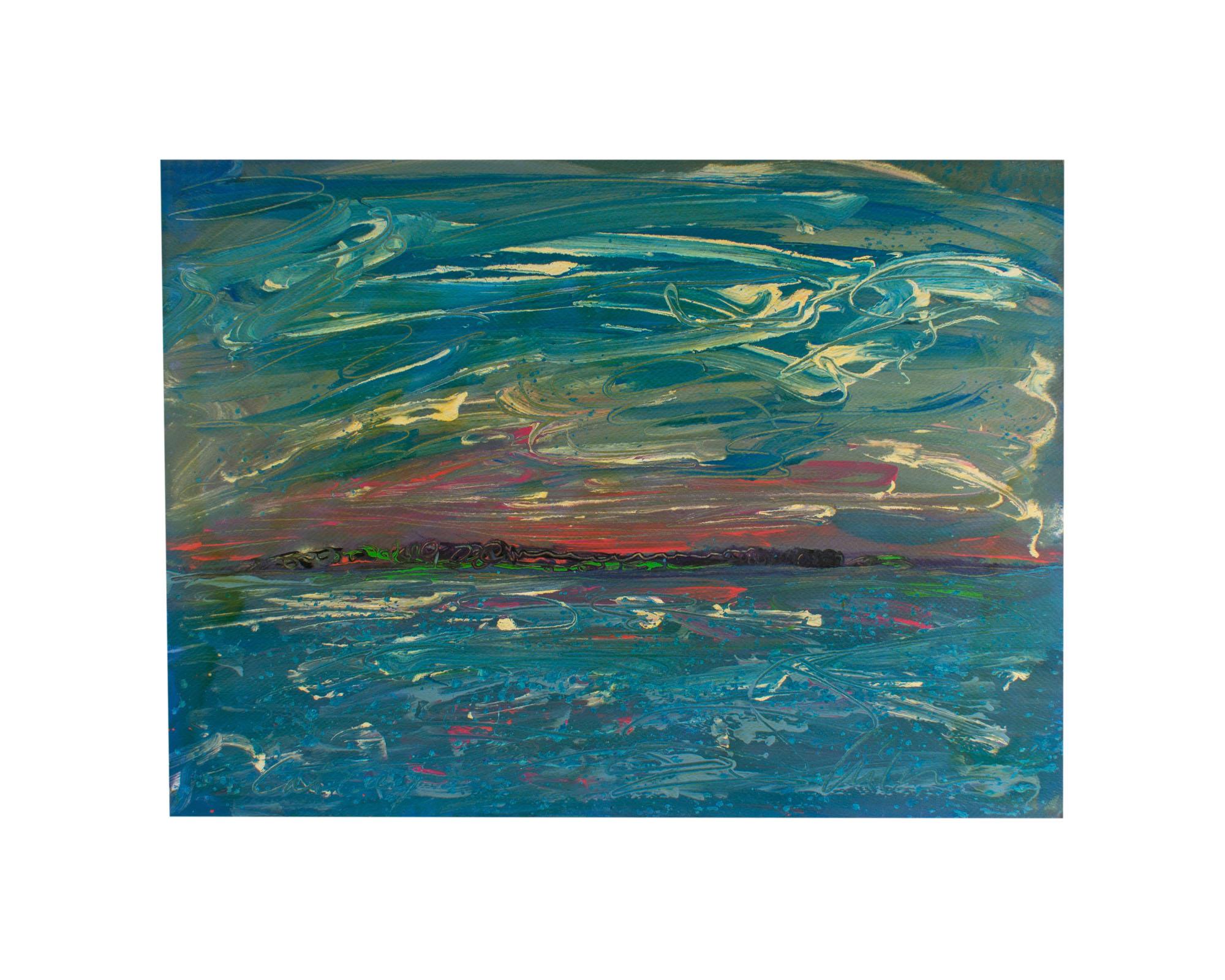 A 1980s abstract acrylic on paper landscape painting titled, Cat Cay, by American artist Harry Hilson (1935-2004). Gestural lines come together to create a vibrant landscape with green, aqua blue, yellow, and white. A pink and purple sky is in the