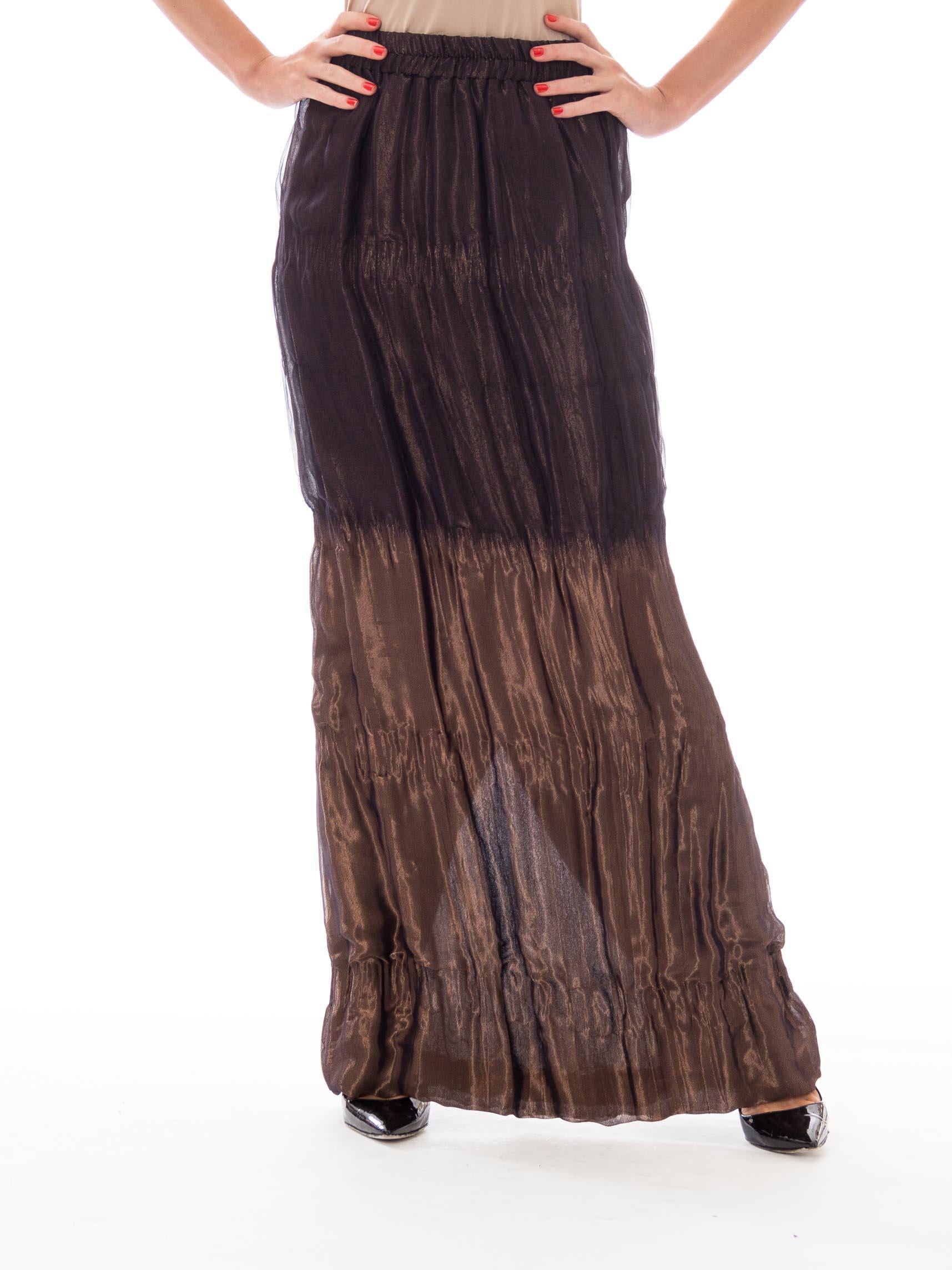 1980S Metallic Bronze Silk Blend Double Woven Lamé & Chiffon Maxi Skirt In Excellent Condition In New York, NY