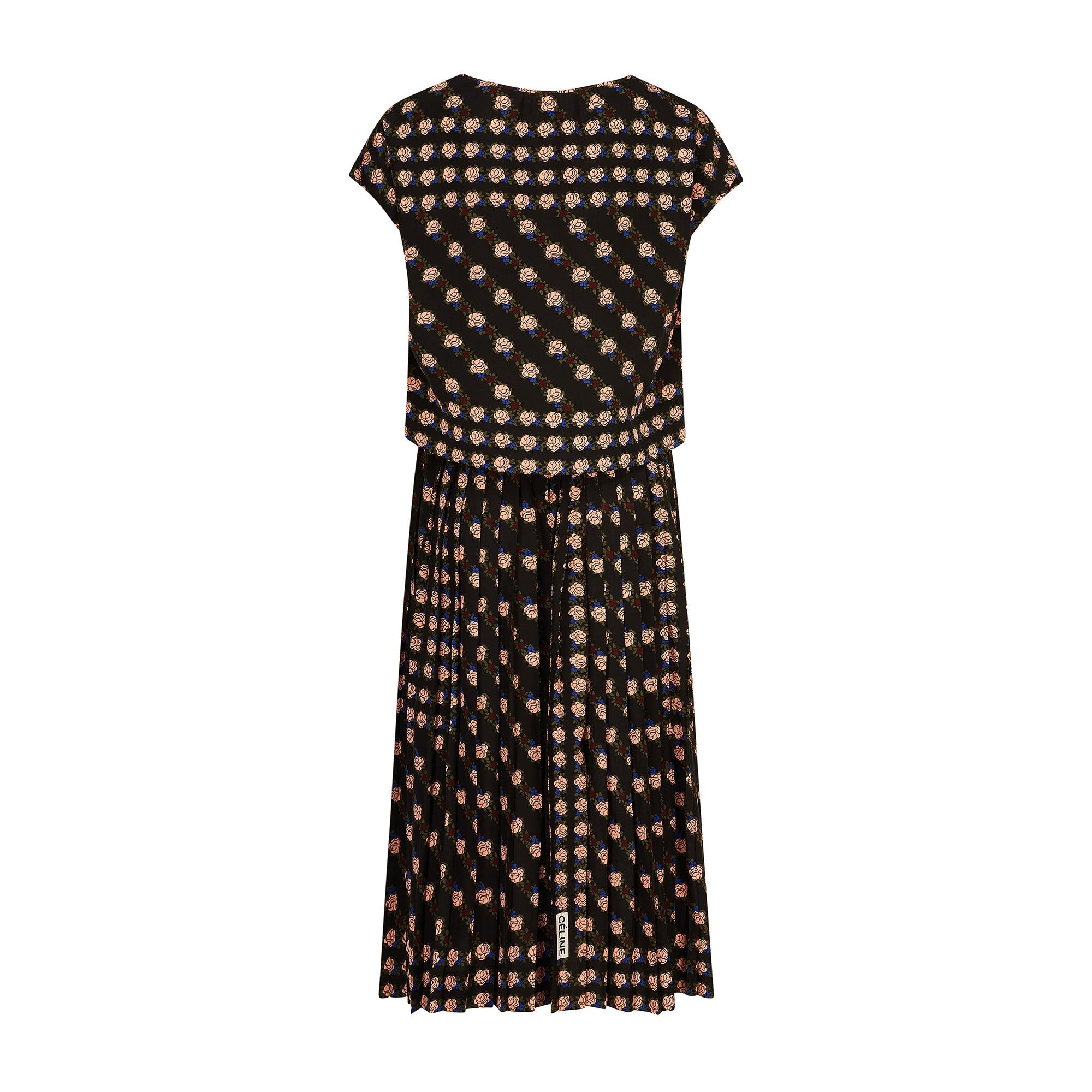 Traje de falda de gasa floral negra y rosa Céline de los años 80 Negro en venta