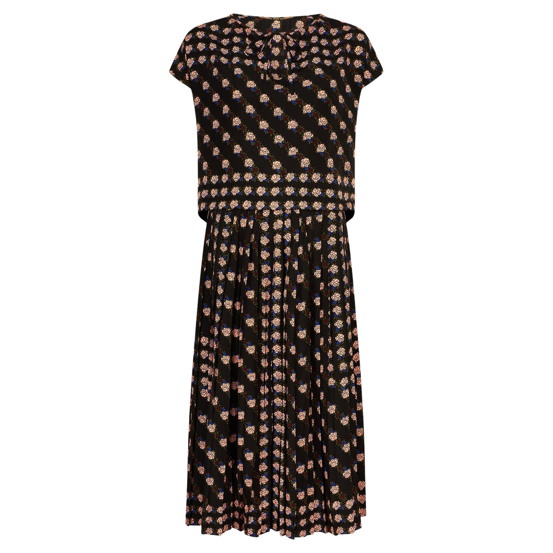 Traje de falda de gasa floral negra y rosa Céline de los años 80 en venta