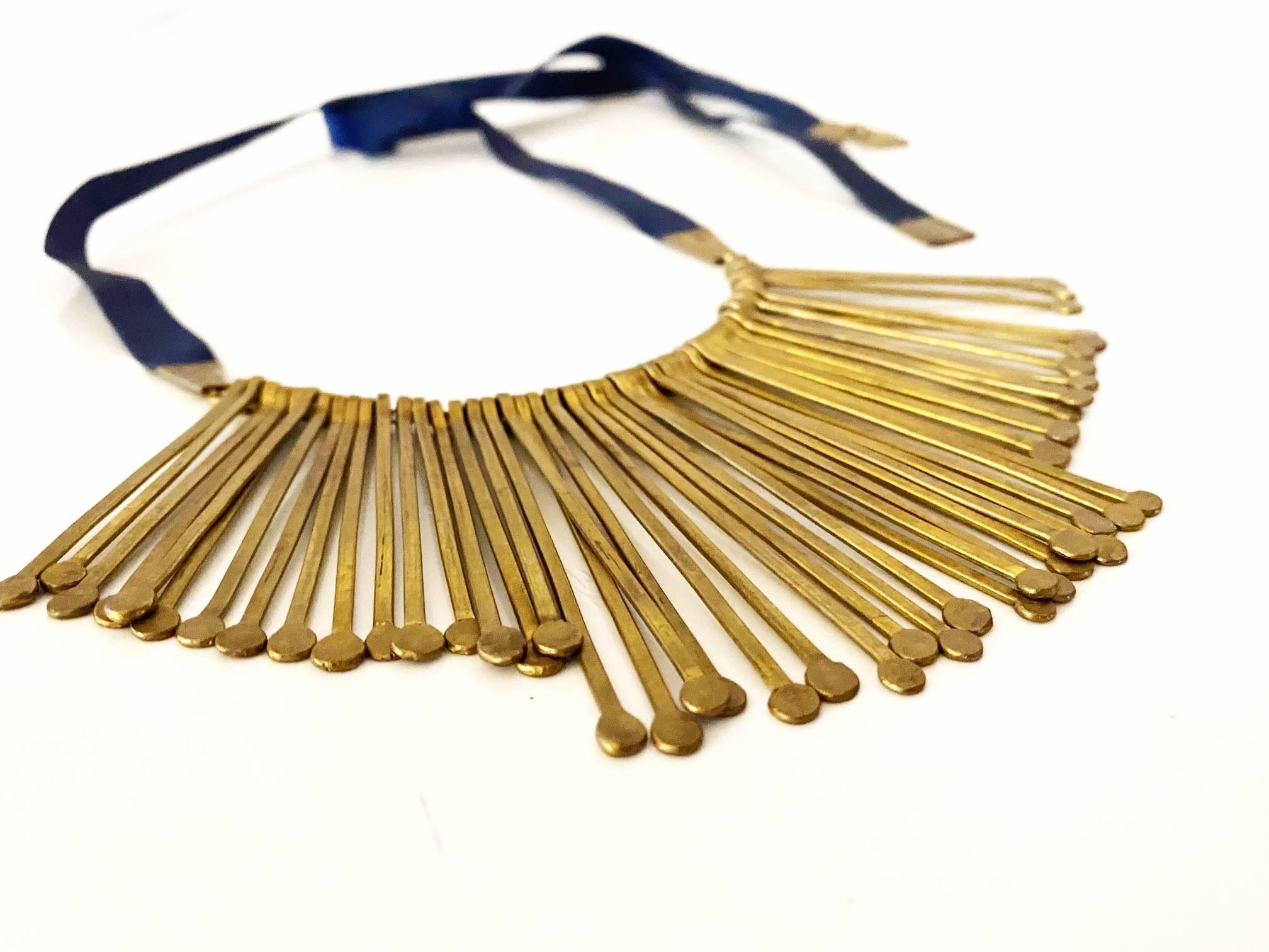 1980s Celine Fringe Statement Brass Tib Black Ribbon Necklace In Good Condition In London, GB