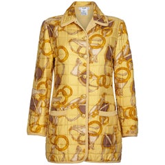 1980s Celine Yellow Equestrian Print Silk Quilted Jacket