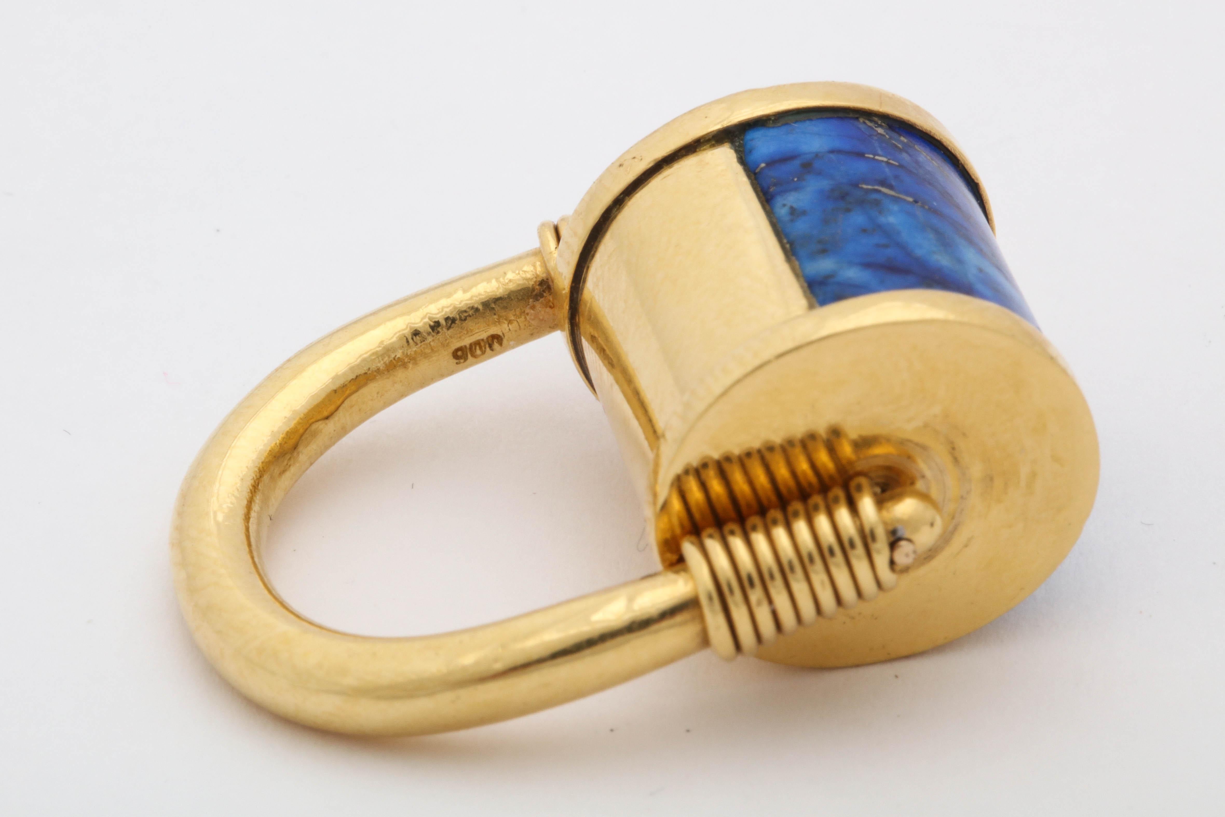 1980s Cellini Padlock Design Reversible Lapis Lazuli and Gold Rolltop Ring 8