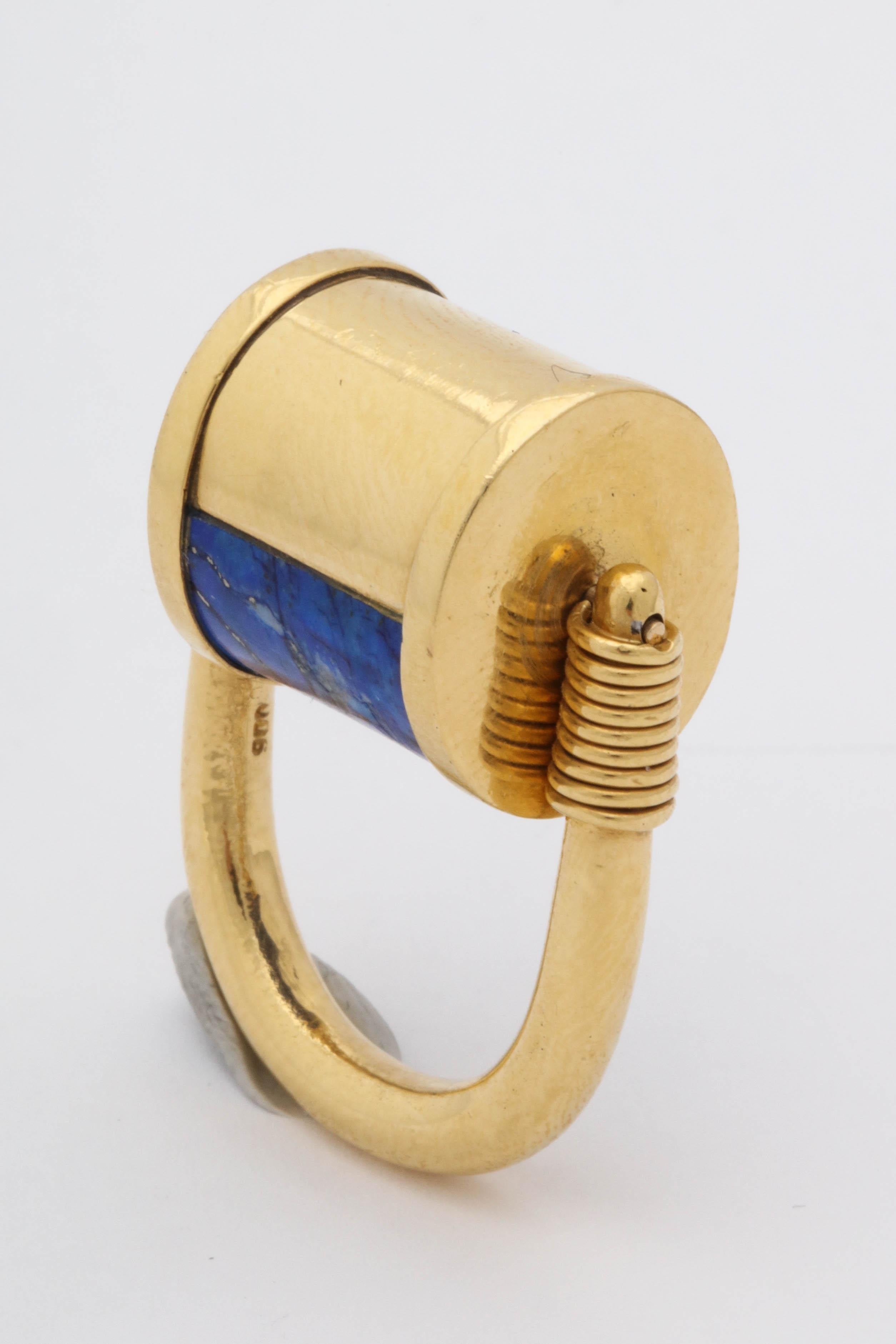 1980s Cellini Padlock Design Reversible Lapis Lazuli and Gold Rolltop Ring 9