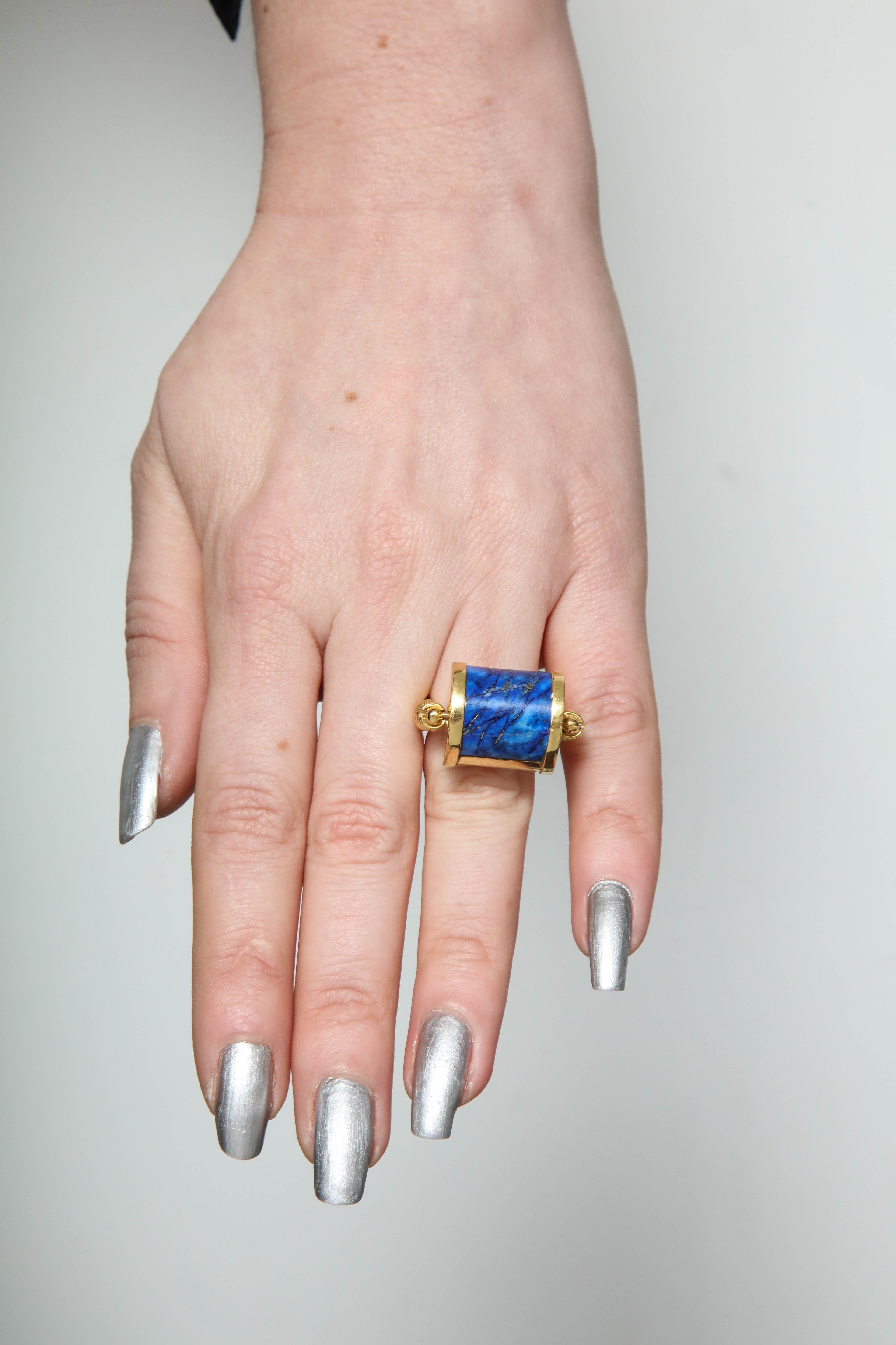 1980s Cellini Padlock Design Reversible Lapis Lazuli and Gold Rolltop Ring 11