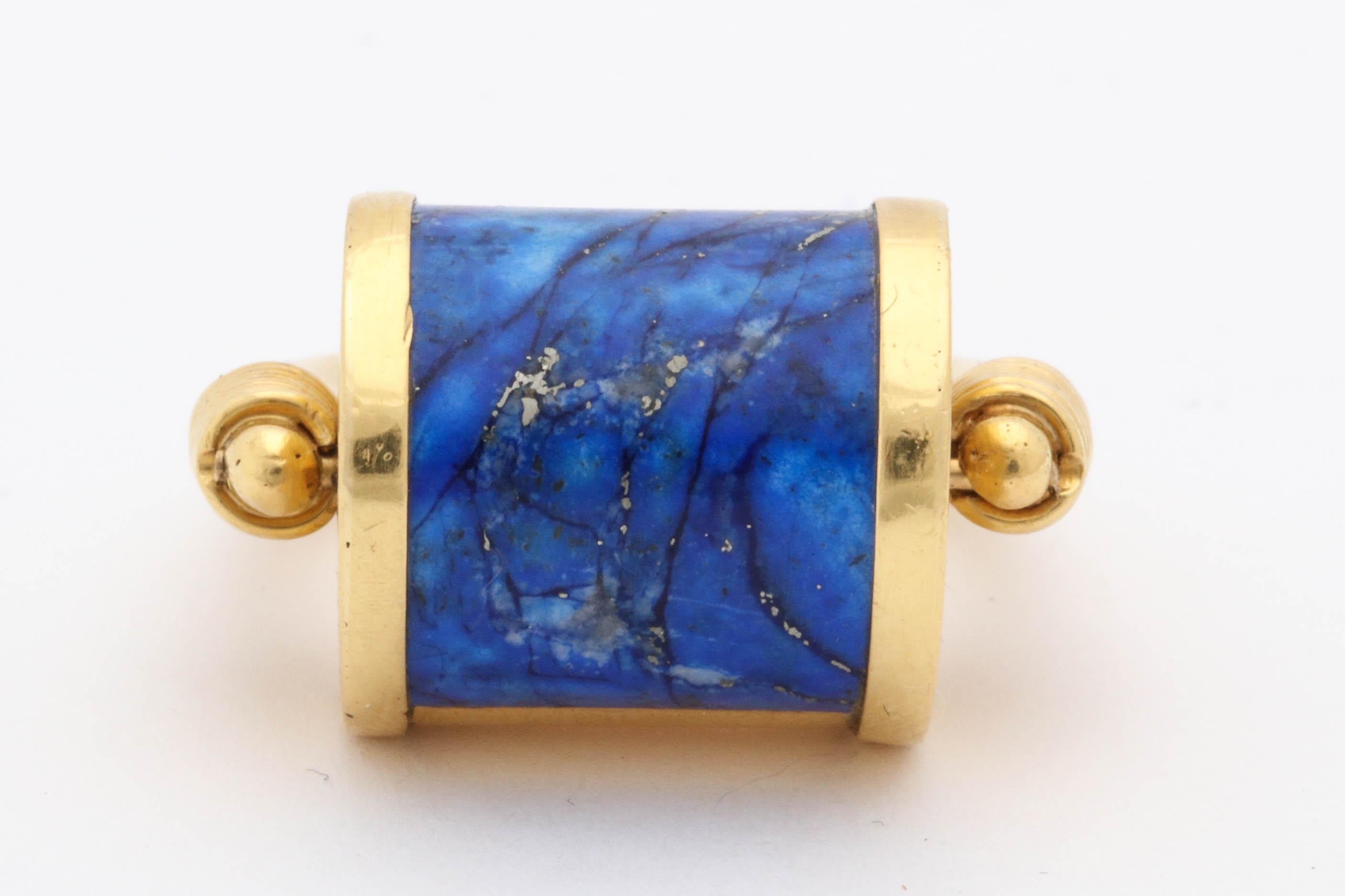 Women's or Men's 1980s Cellini Padlock Design Reversible Lapis Lazuli and Gold Rolltop Ring