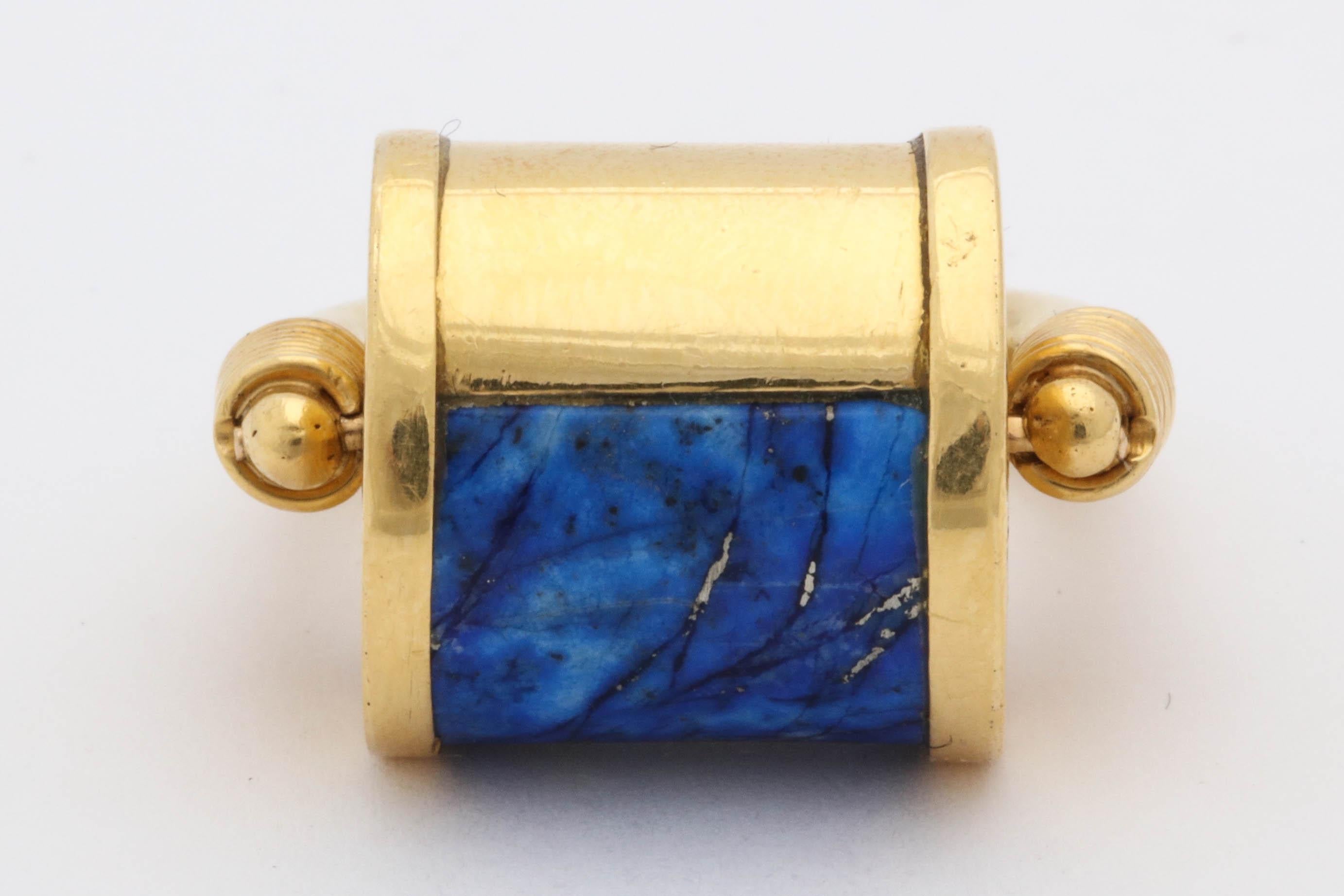 1980s Cellini Padlock Design Reversible Lapis Lazuli and Gold Rolltop Ring 2
