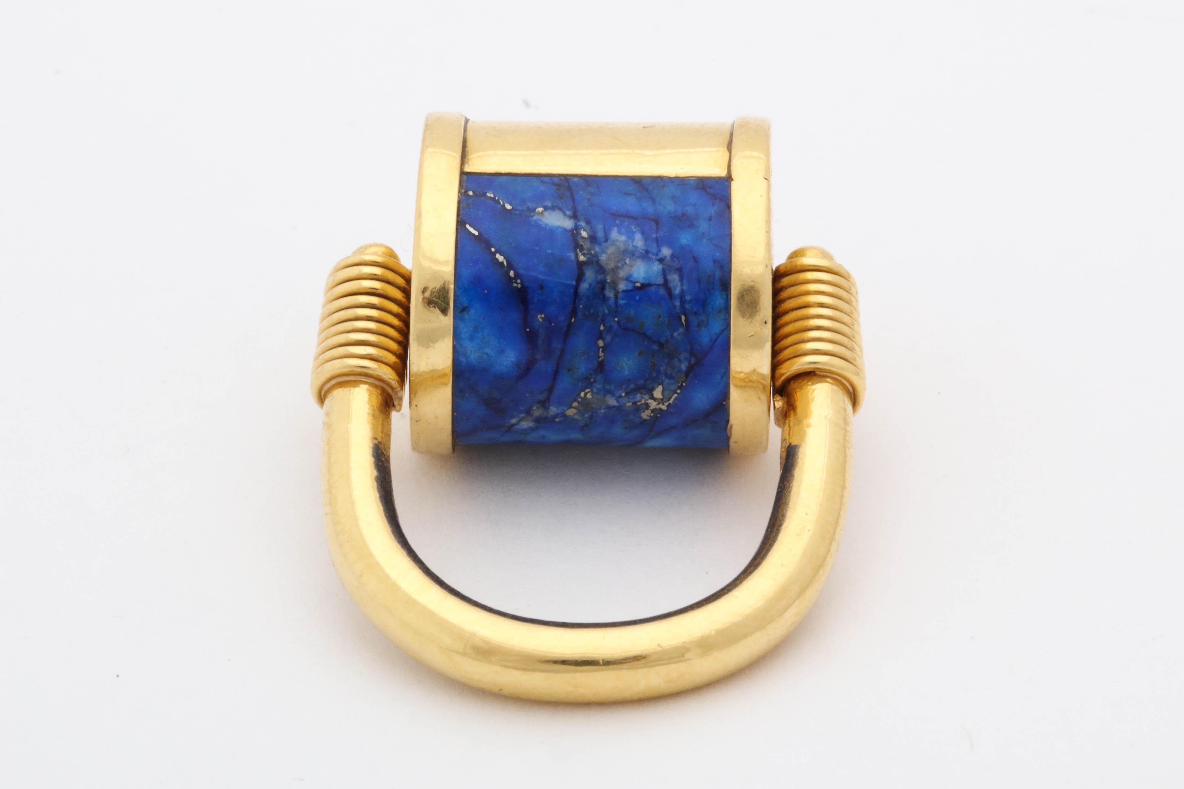 1980s Cellini Padlock Design Reversible Lapis Lazuli and Gold Rolltop Ring 5