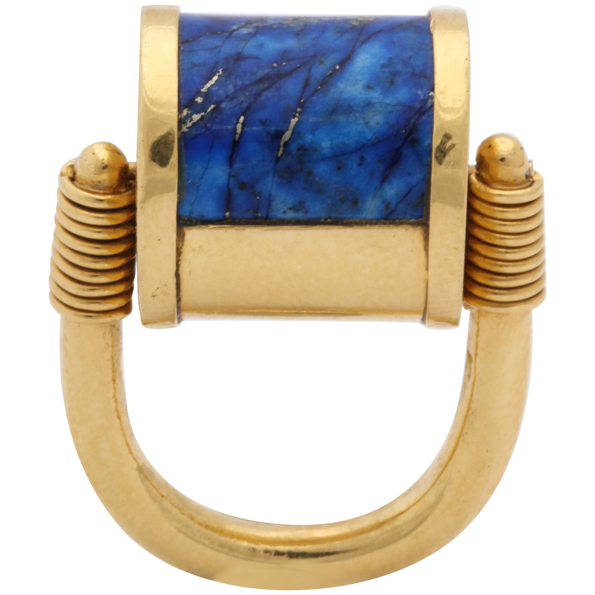 1980s Cellini Padlock Design Reversible Lapis Lazuli and Gold Rolltop Ring