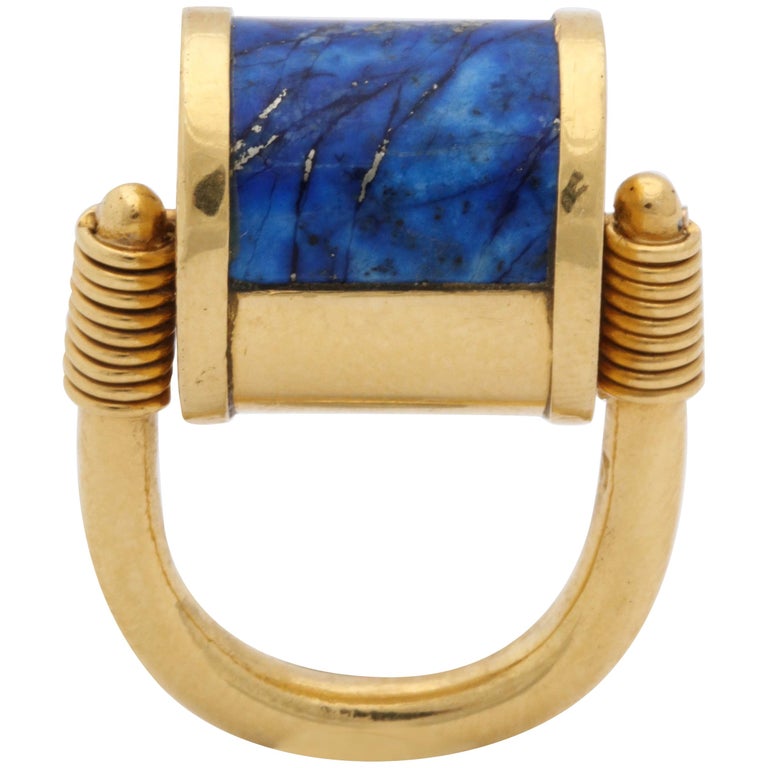 1980s Cellini Padlock Design Reversible Lapis Lazuli and Gold Rolltop Ring For Sale