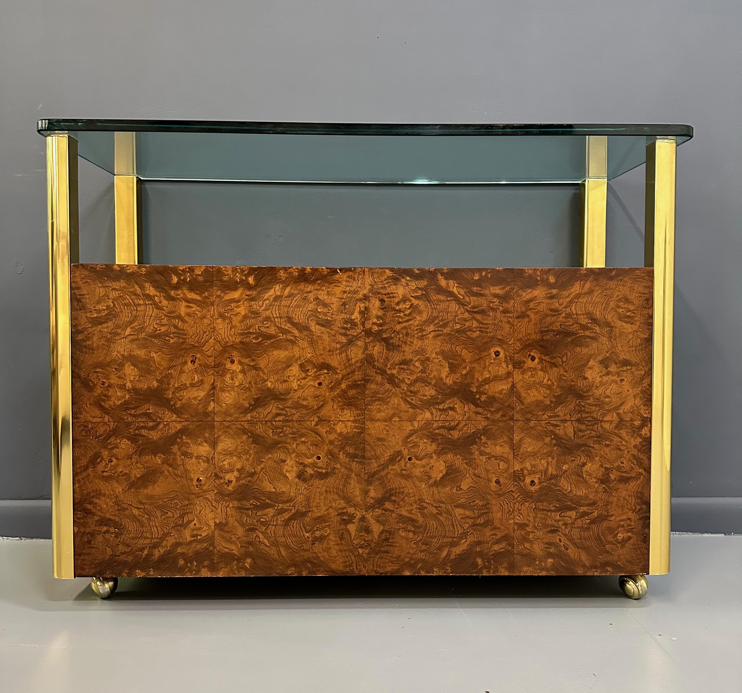 Mid-Century Modern 1980s Century Furniture Burl and Brass Bar Cart with Glass Shelf Mid Century