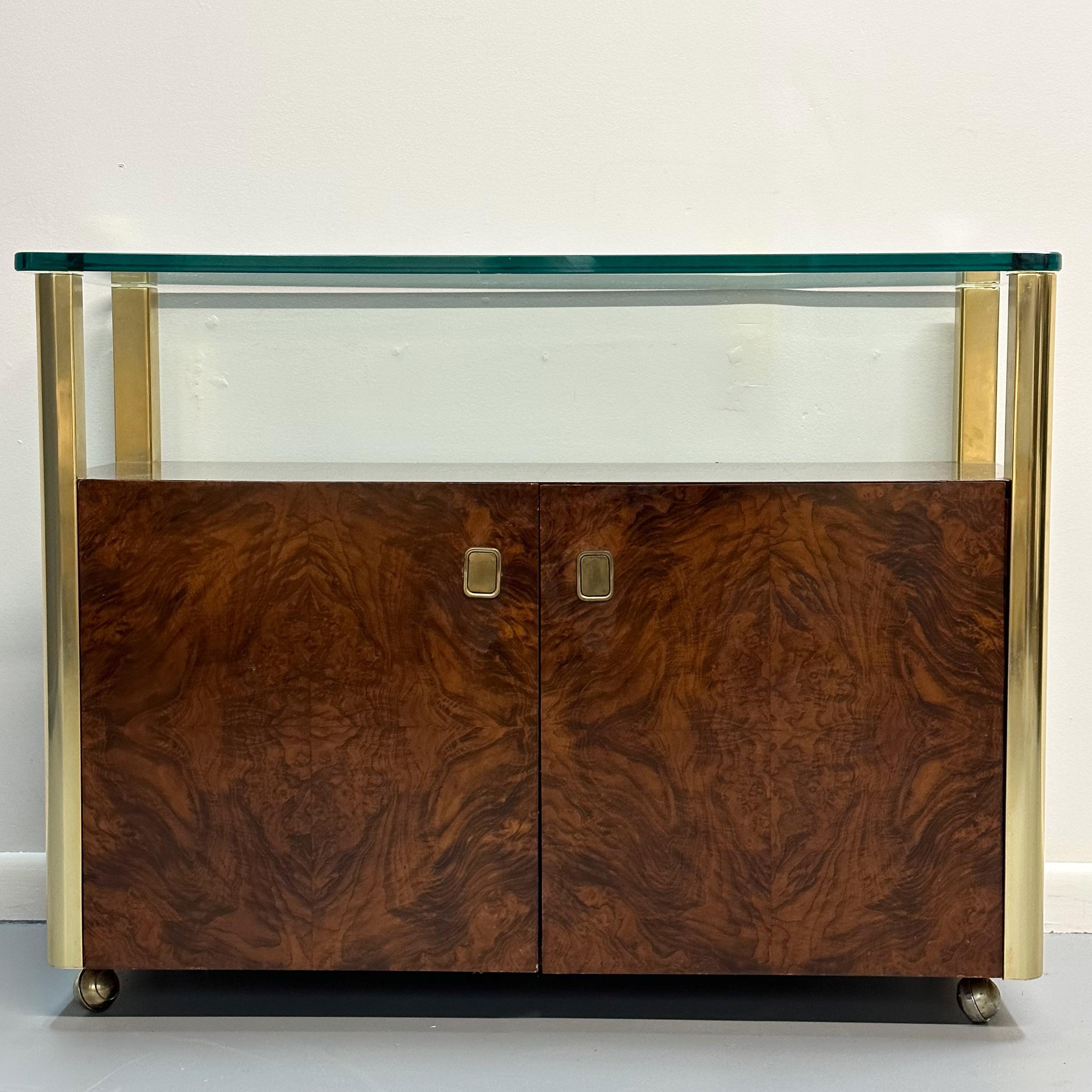 North American 1980s Century Furniture Burl and Brass Bar Cart with Glass Shelf Mid Century
