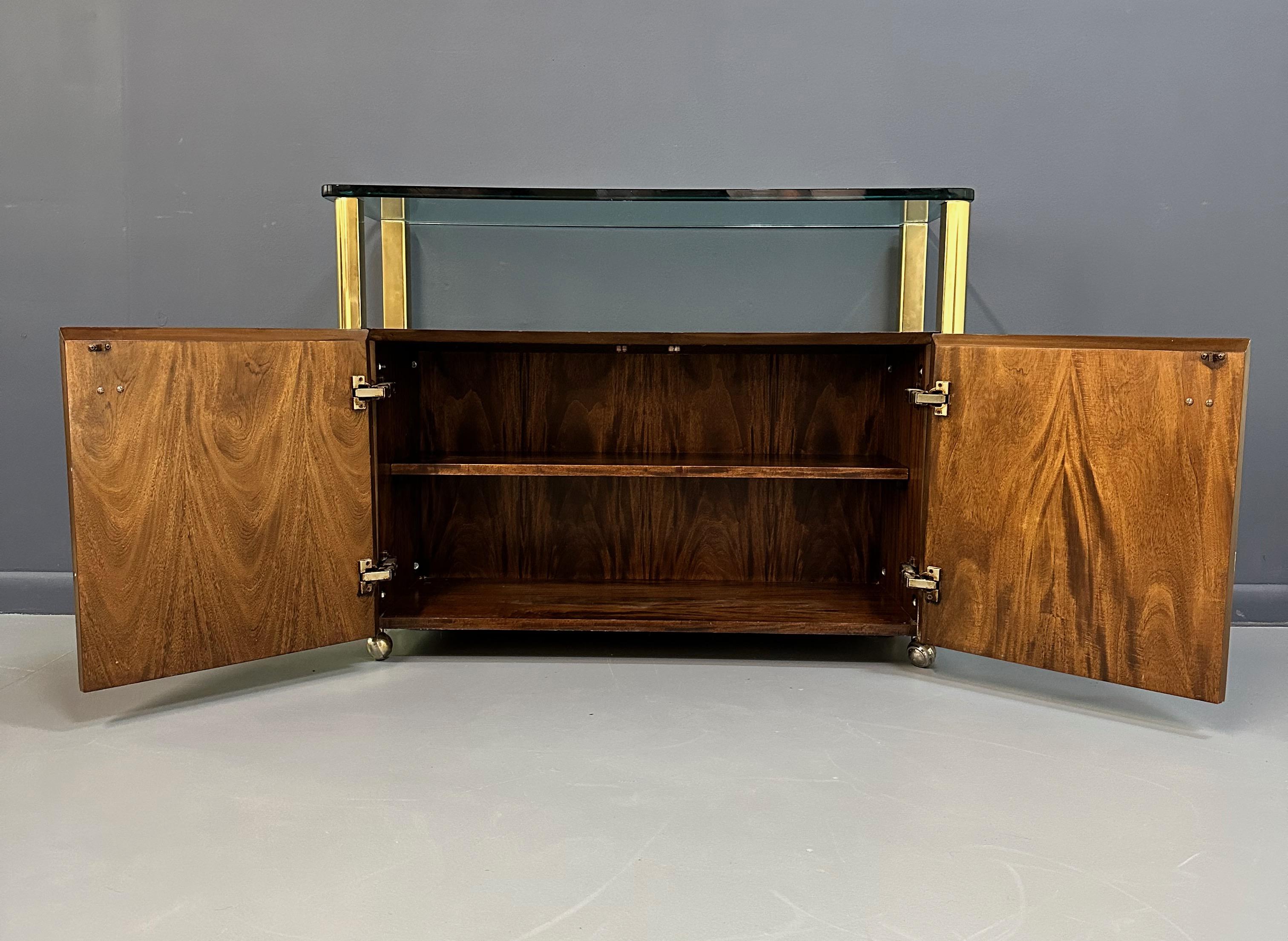 1980s Century Furniture Burl and Brass Bar Cart with Glass Shelf Mid Century 1