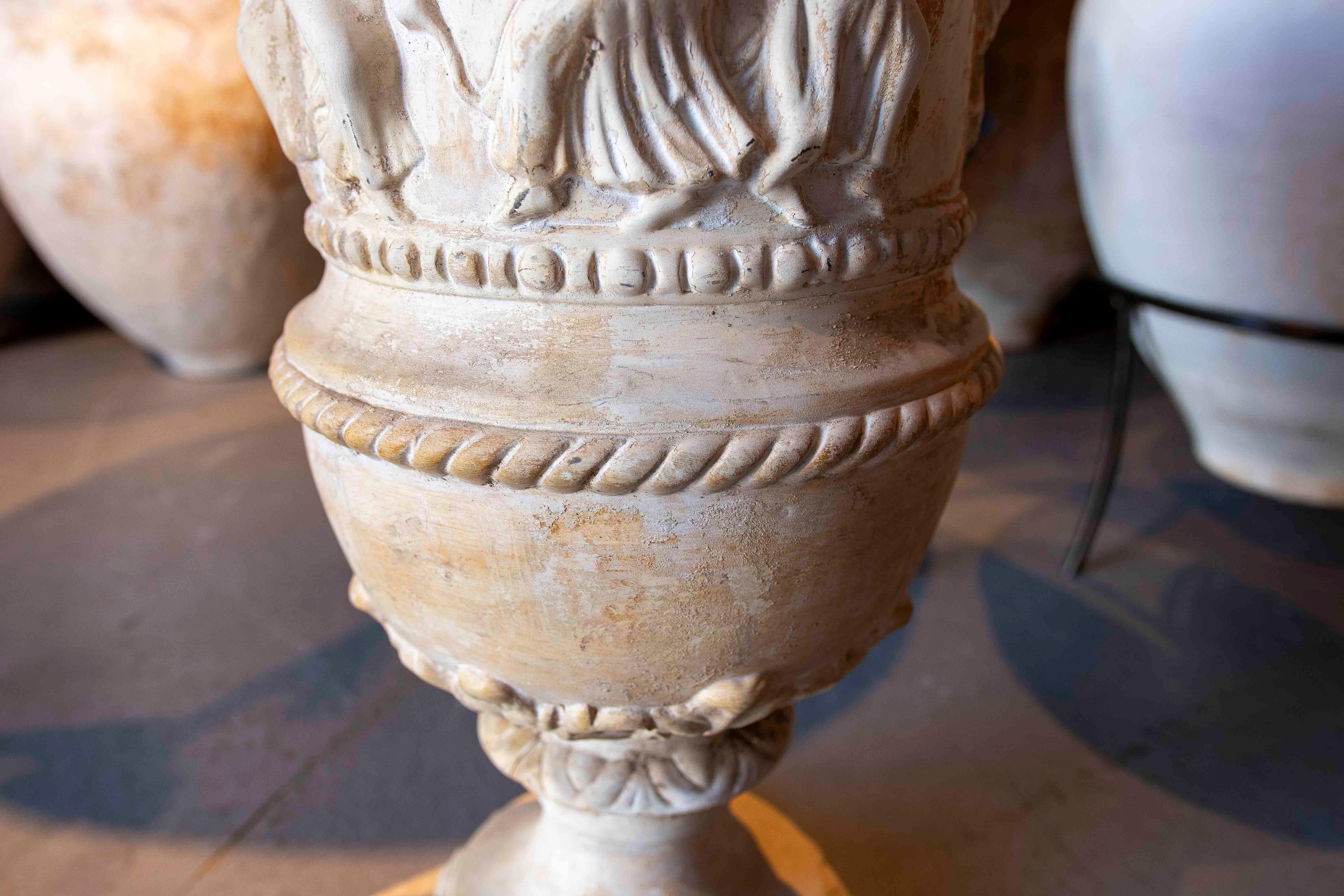 1980s Ceramic Garden Cup in White Tones with Greek Style Decoration For Sale 11