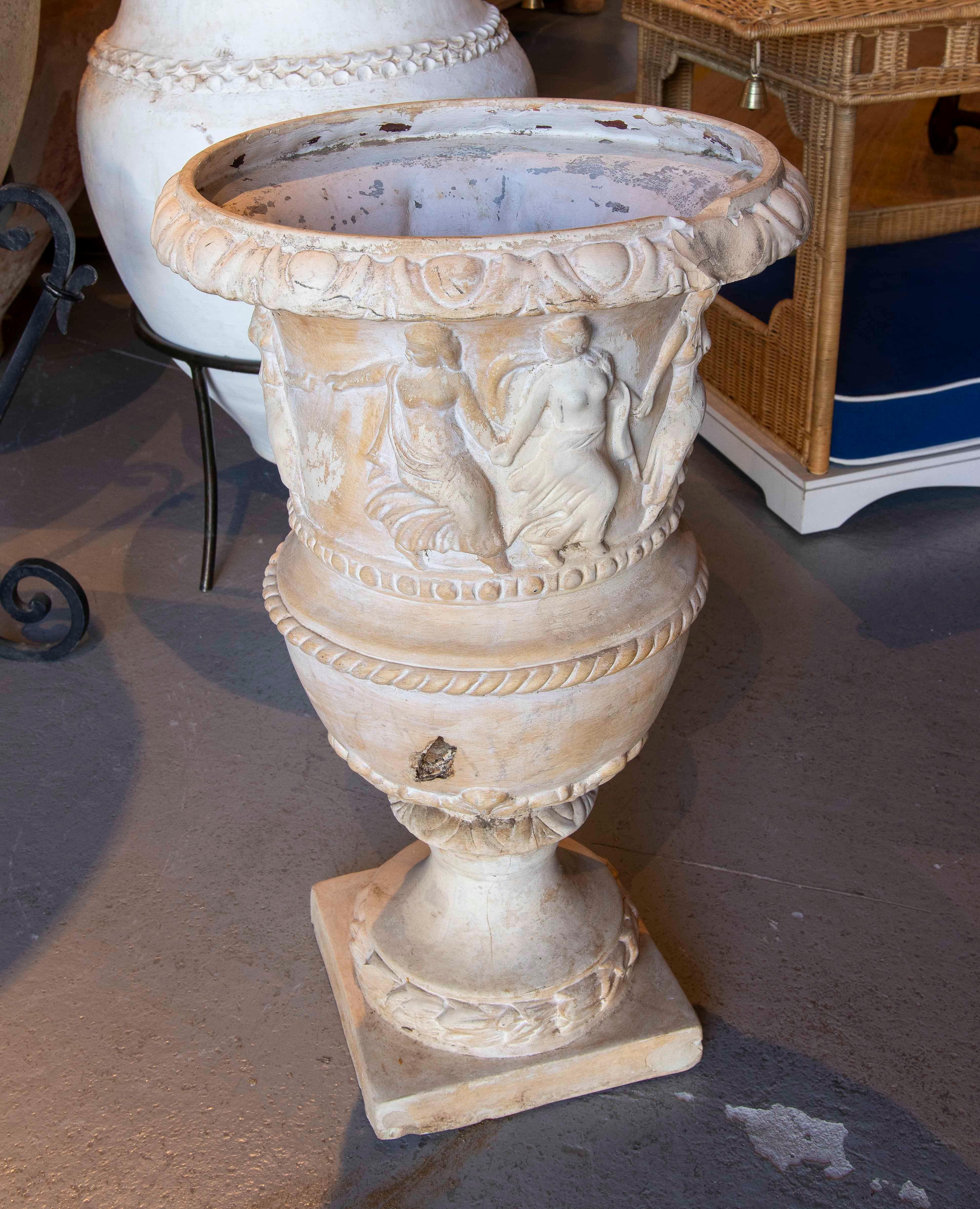 Spanish 1980s Ceramic Garden Cup in White Tones with Greek Style Decoration For Sale