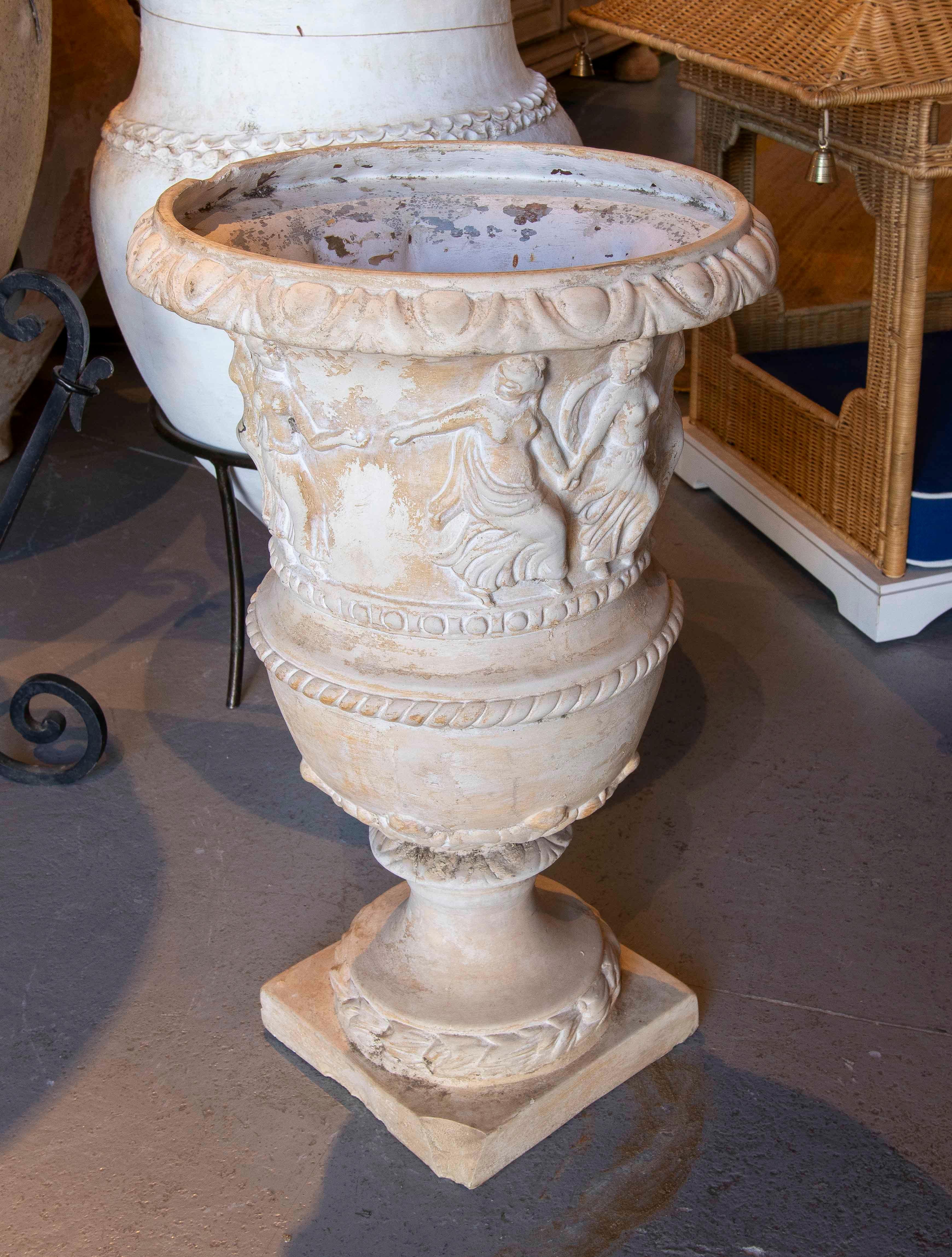 1980s Ceramic Garden Cup in White Tones with Greek Style Decoration For Sale 2