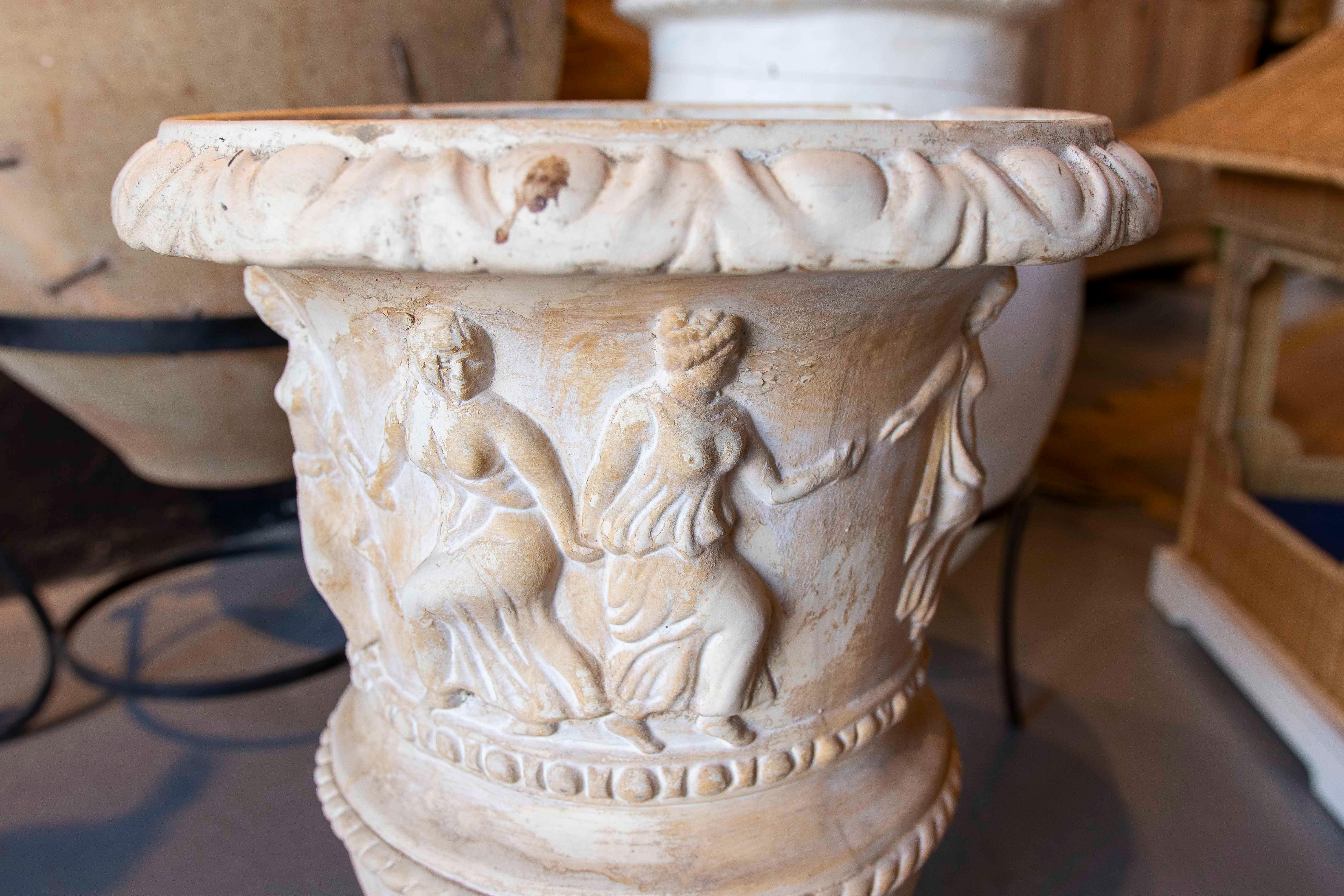 1980s Ceramic Garden Cup in White Tones with Greek Style Decoration For Sale 5