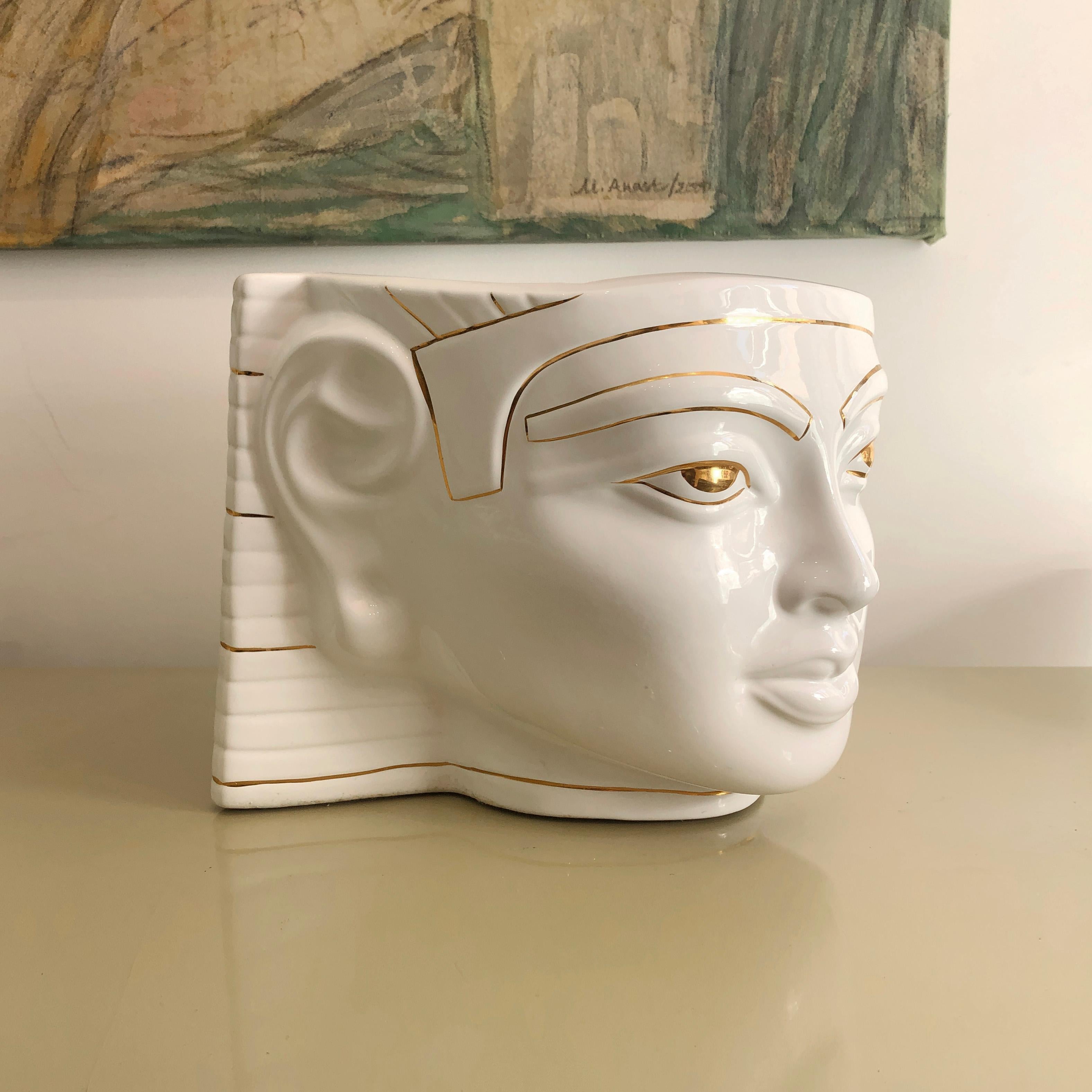 1980s Ceramic Planter Antica Athena Pharaoh White 24k Gold Flower Pot Italian In Good Condition In London, GB