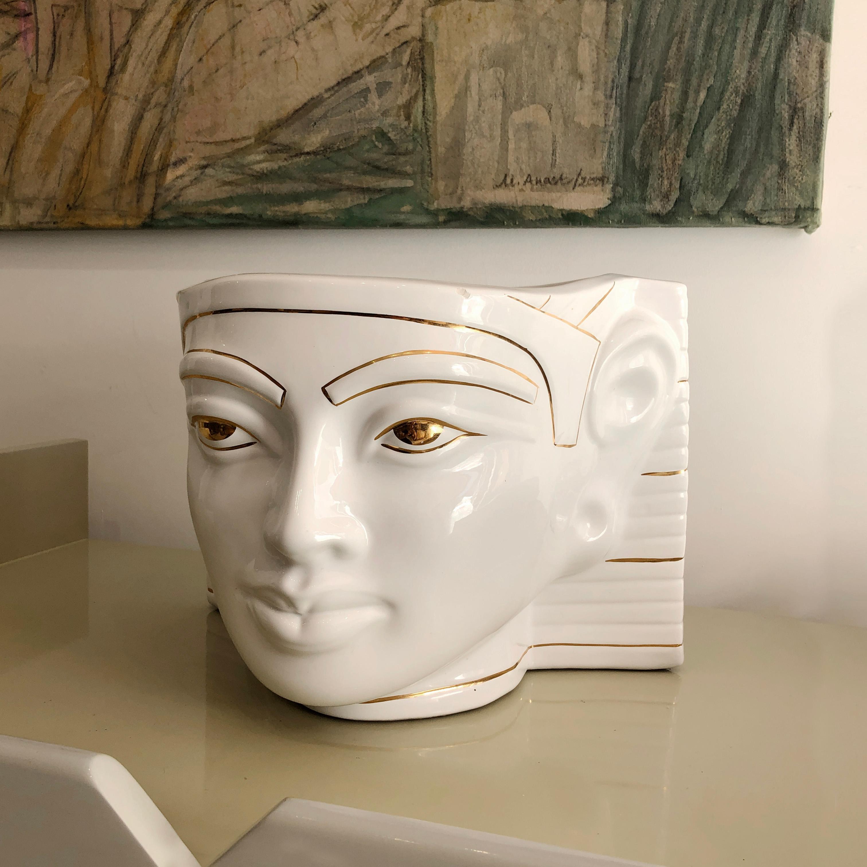 Late 20th Century 1980s Ceramic Planter Antica Athena Pharaoh White 24k Gold Flower Pot Italian