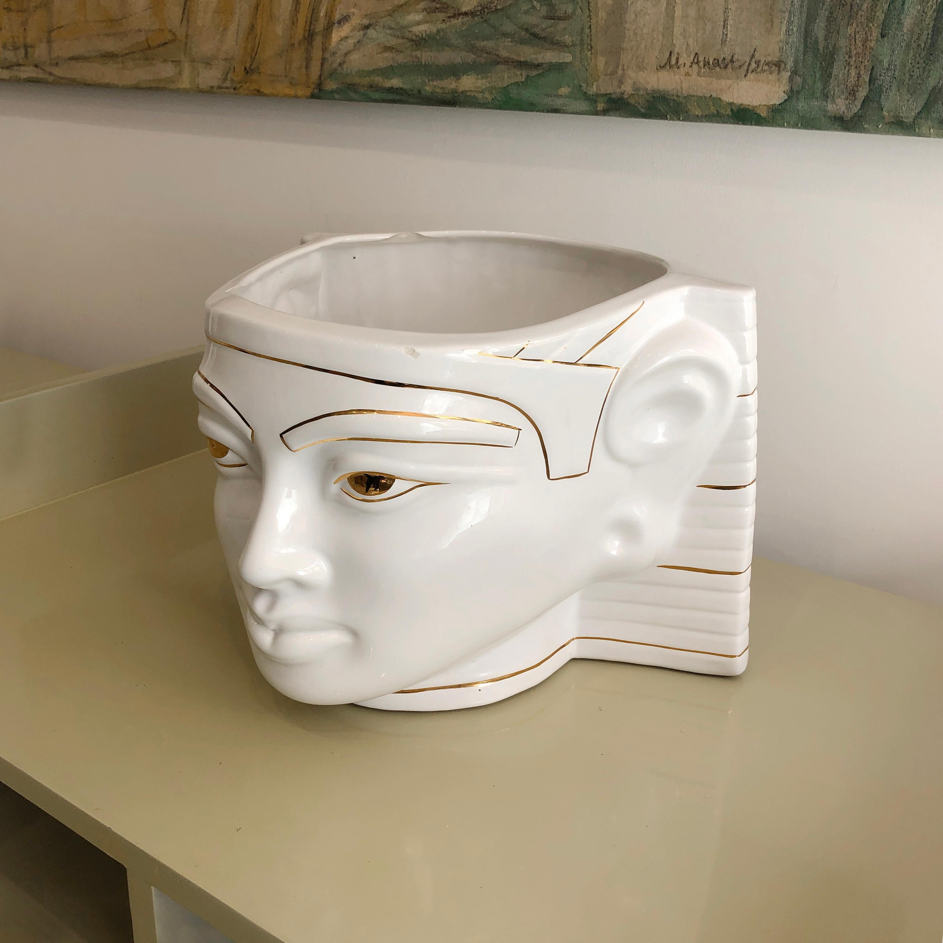 Brass 1980s Ceramic Planter Antica Athena Pharaoh White 24k Gold Flower Pot Italian