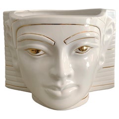 1980s Ceramic Planter Antica Athena Pharaoh White 24k Gold Flower Pot Italian