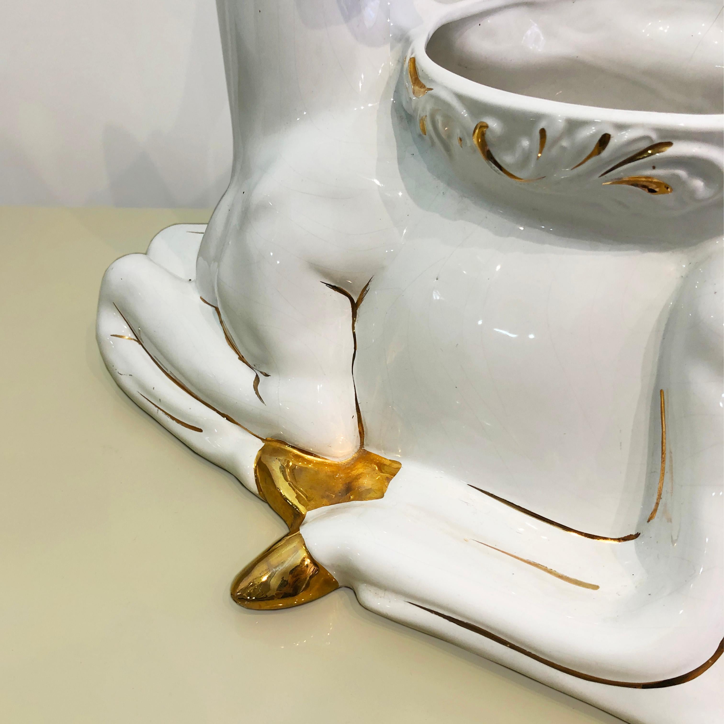 1980s Ceramic Planter Flower Pot Antica Athena Deer Faun White 24k Gold Italian For Sale 3