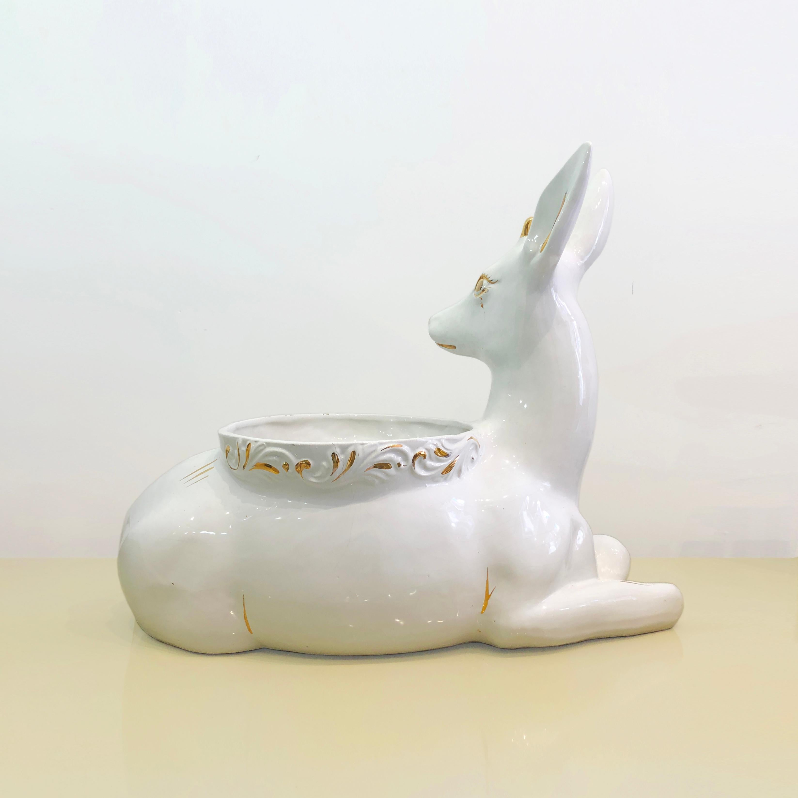 1980s Ceramic Planter Flower Pot Antica Athena Deer Faun White 24k Gold Italian For Sale 5