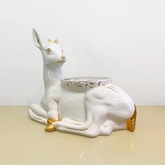 1980s Ceramic Planter Flower Pot Antica Athena Deer Faun White 24k Gold Italian