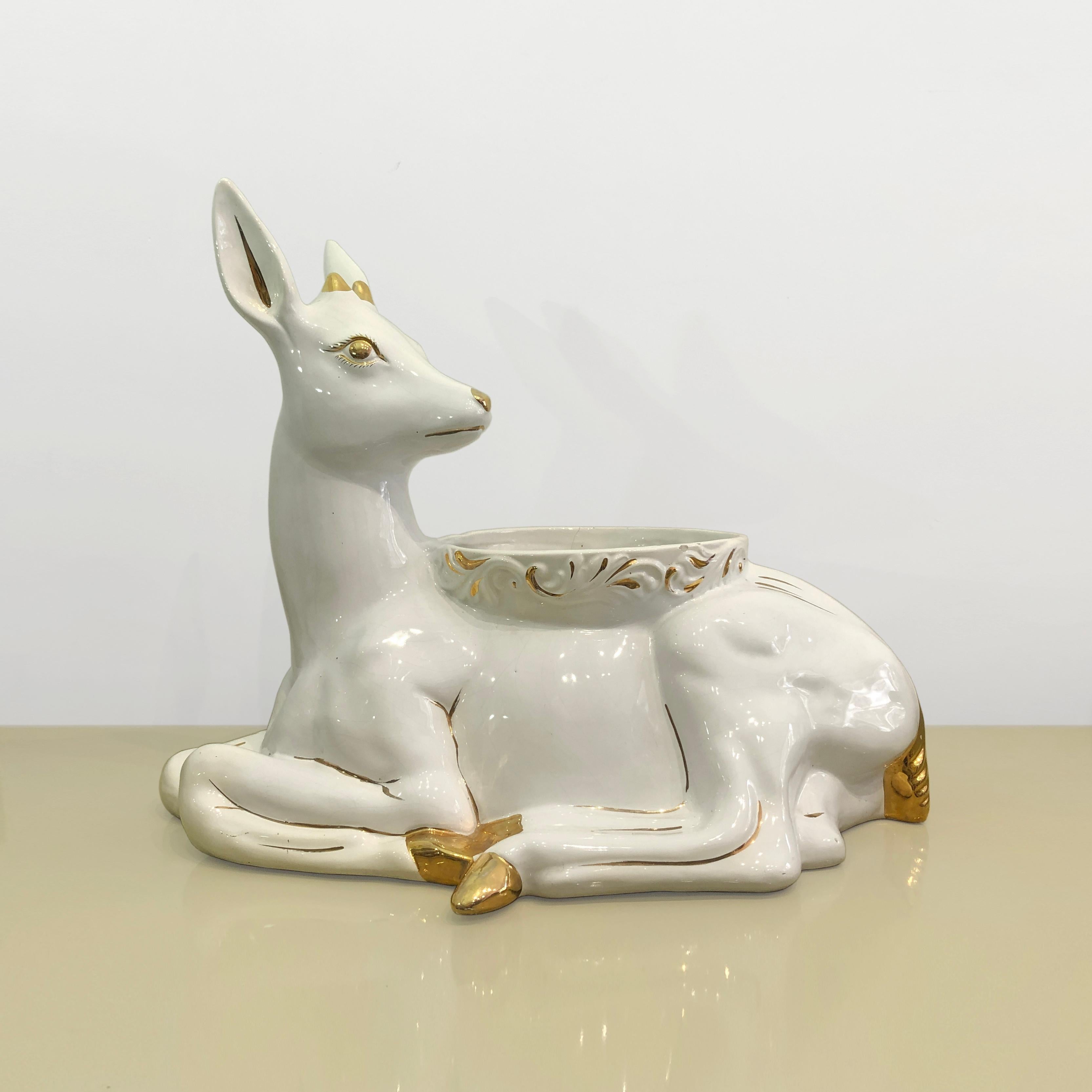 Hollywood Regency 1980s Ceramic Planter Flower Pot Antica Athena Deer Faun White 24k Gold Italian For Sale