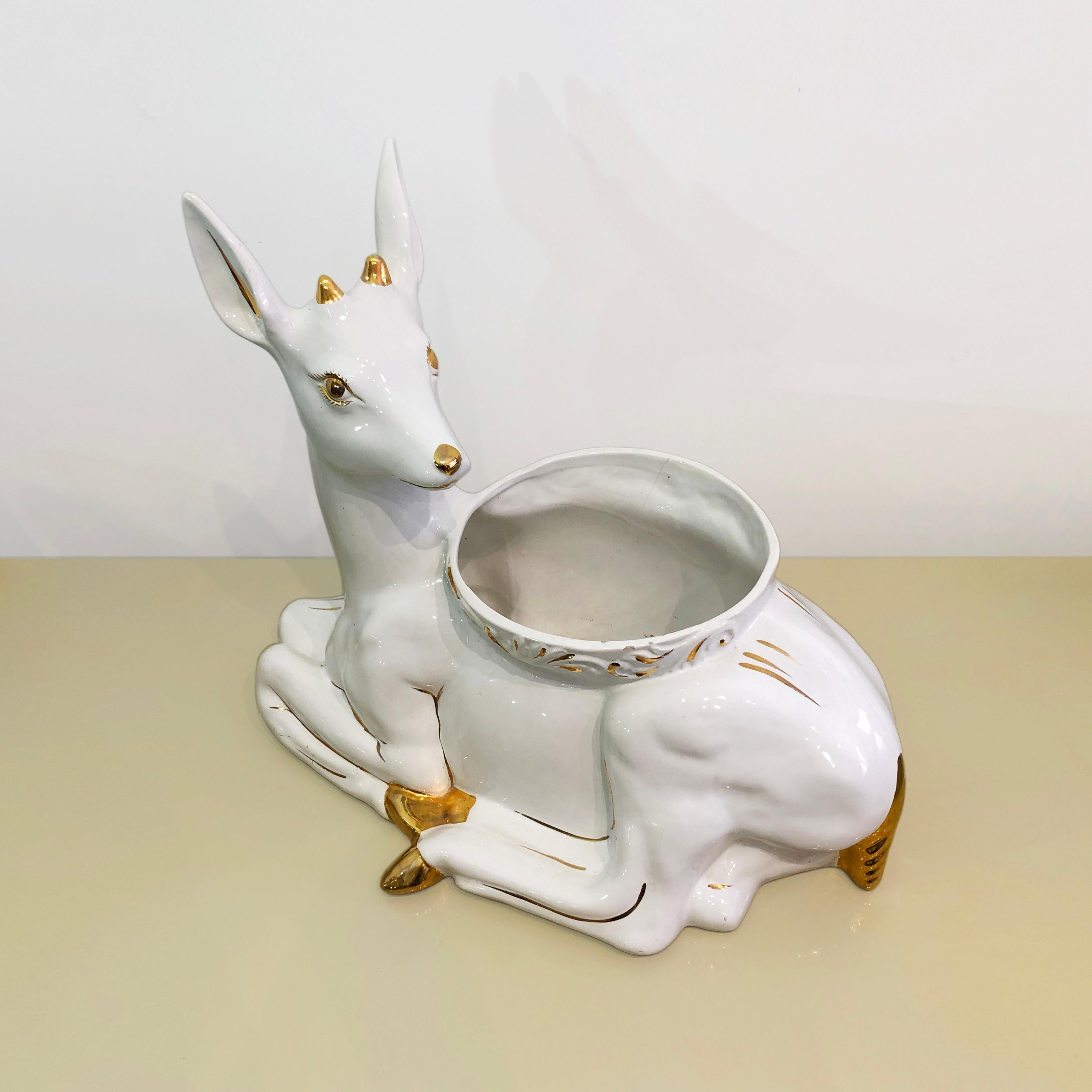 1980s Ceramic Planter Flower Pot Antica Athena Deer Faun White 24k Gold Italian In Good Condition For Sale In London, GB