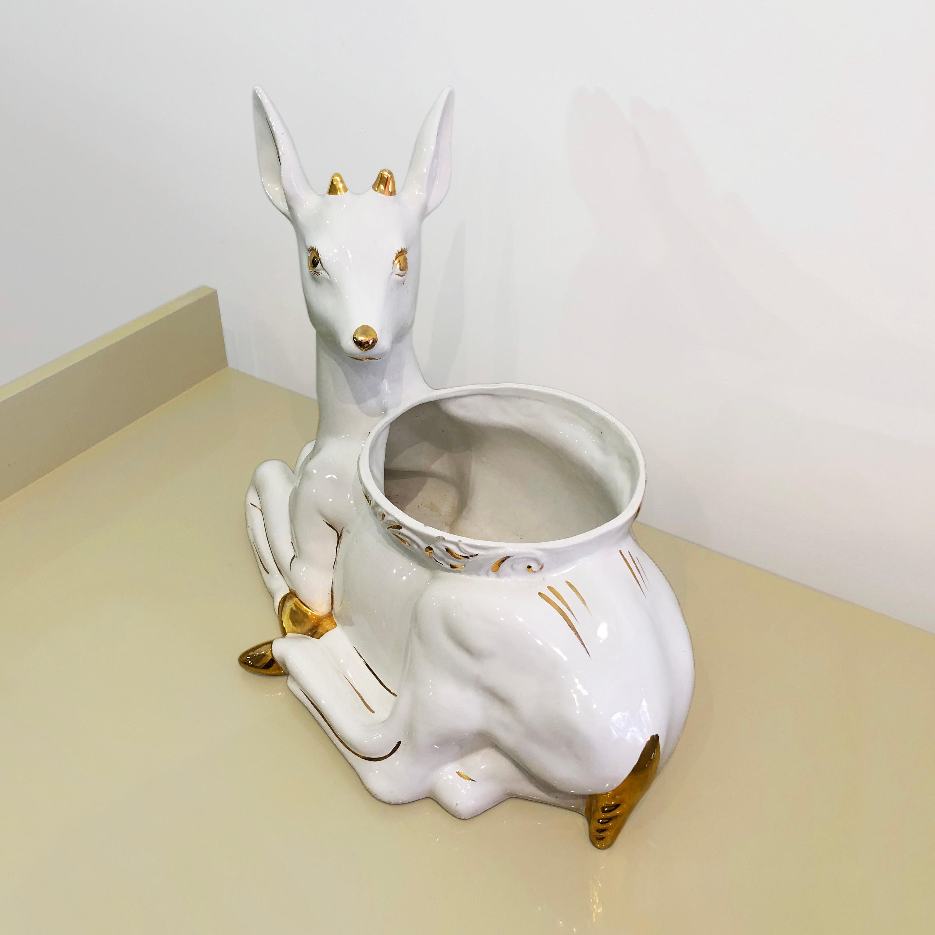 Late 20th Century 1980s Ceramic Planter Flower Pot Antica Athena Deer Faun White 24k Gold Italian For Sale
