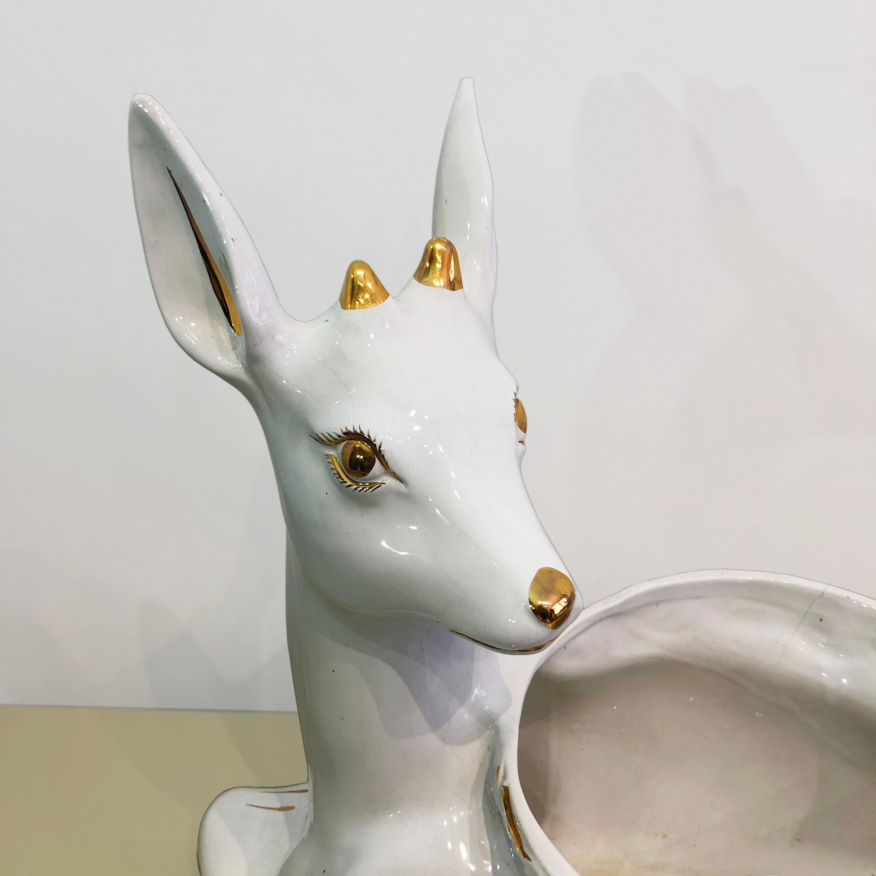 Brass 1980s Ceramic Planter Flower Pot Antica Athena Deer Faun White 24k Gold Italian For Sale