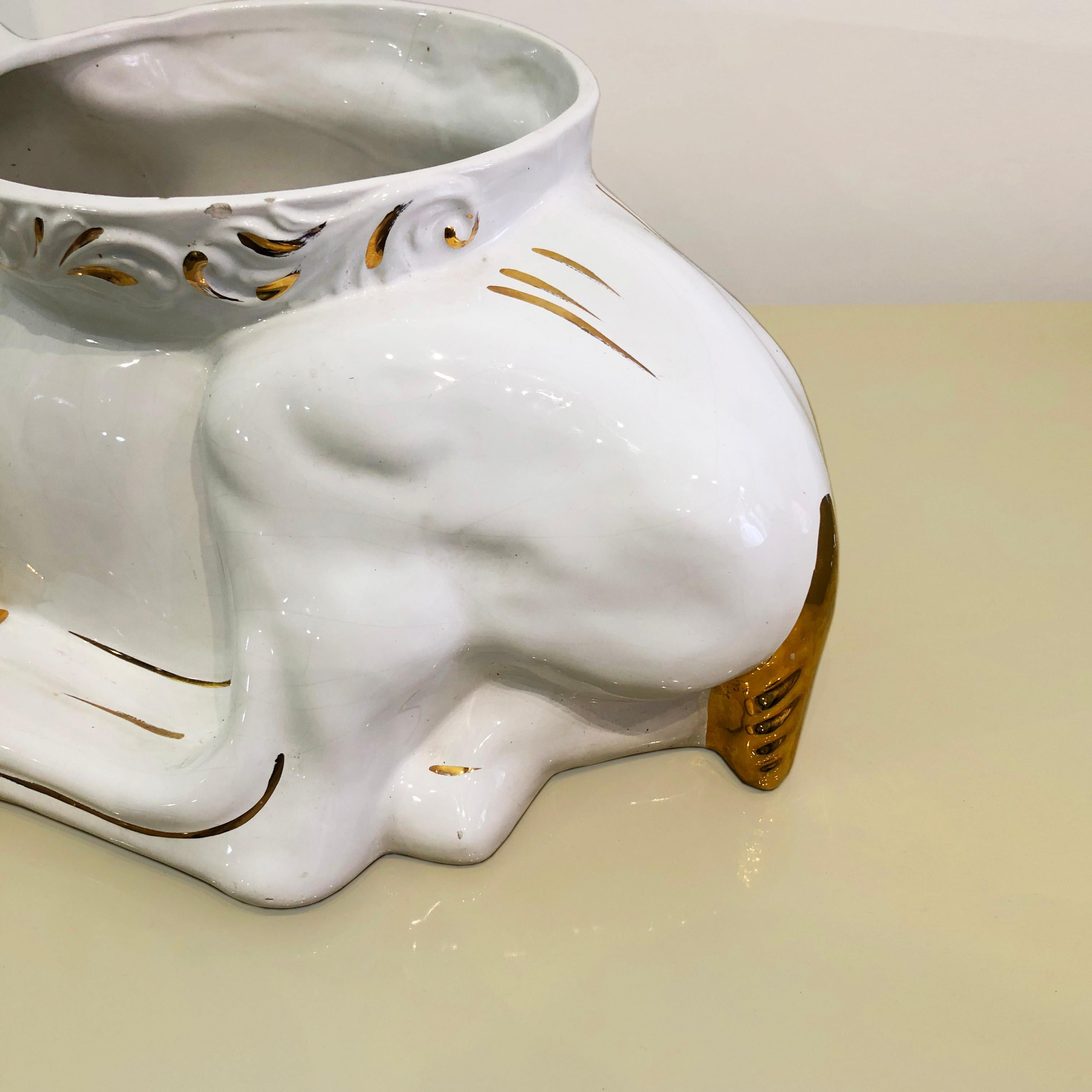 1980s Ceramic Planter Flower Pot Antica Athena Deer Faun White 24k Gold Italian For Sale 2