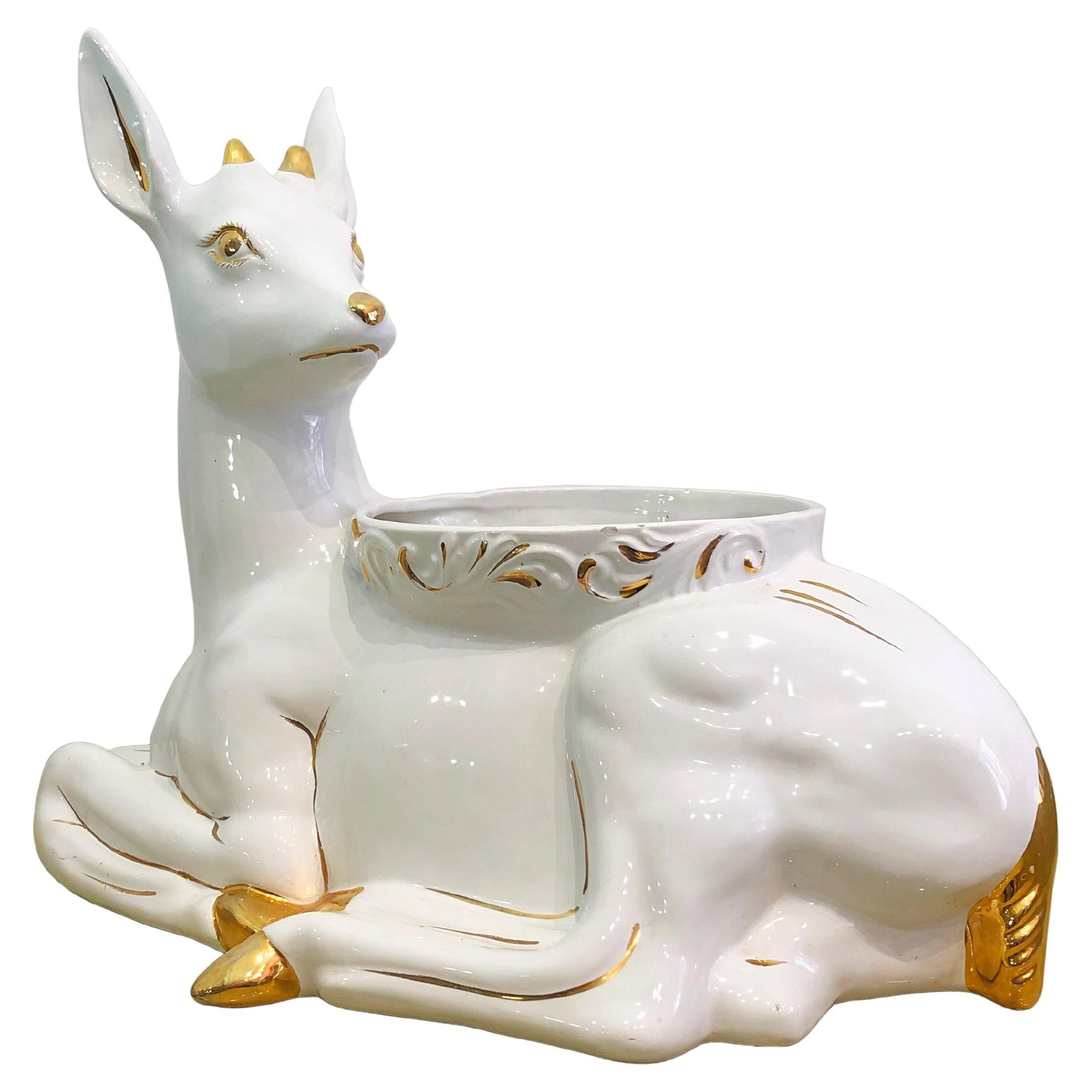 1980s Ceramic Planter Flower Pot Antica Athena Deer Faun White 24k Gold Italian