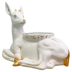 1980s Ceramic Planter Flower Pot Antica Athena Deer Faun White 24k Gold Italian