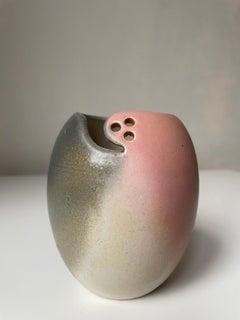 Ceramic Rose, Peach, Grey Vase with Perforated Decor, 1980s