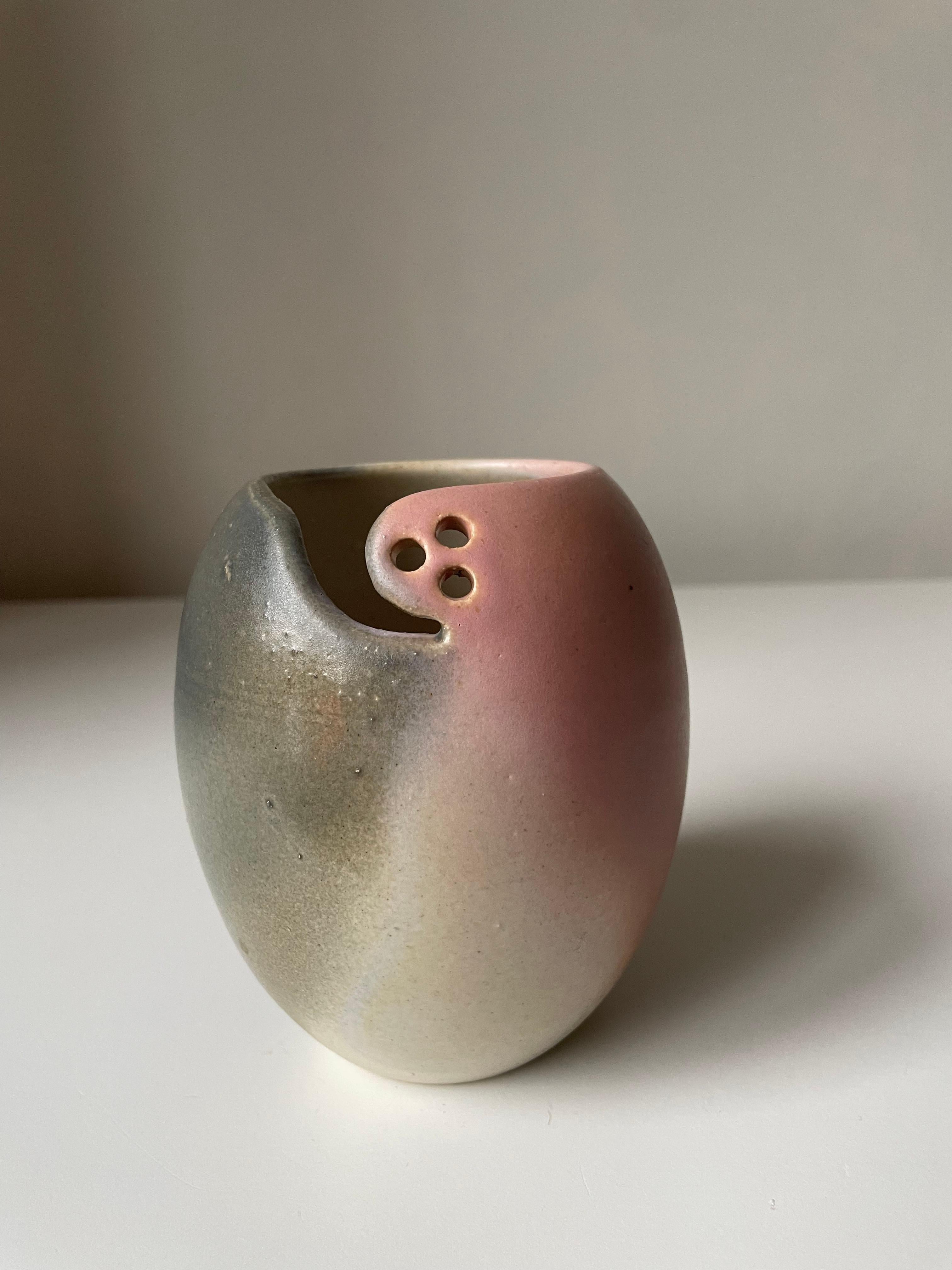 Danish 1980s Ceramic Rose, Peach, Grey Vase with Perforated Decor, Denmark For Sale