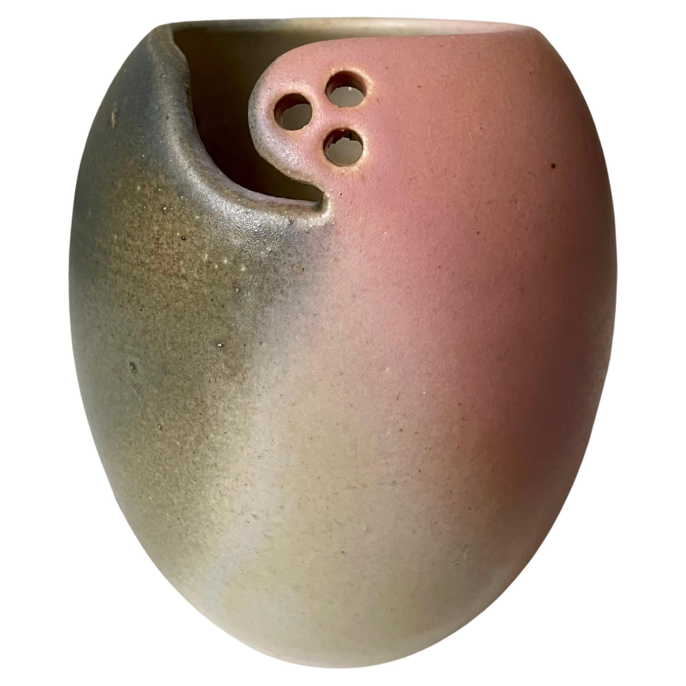 1980s Ceramic Rose, Peach, Grey Vase with Perforated Decor, Denmark